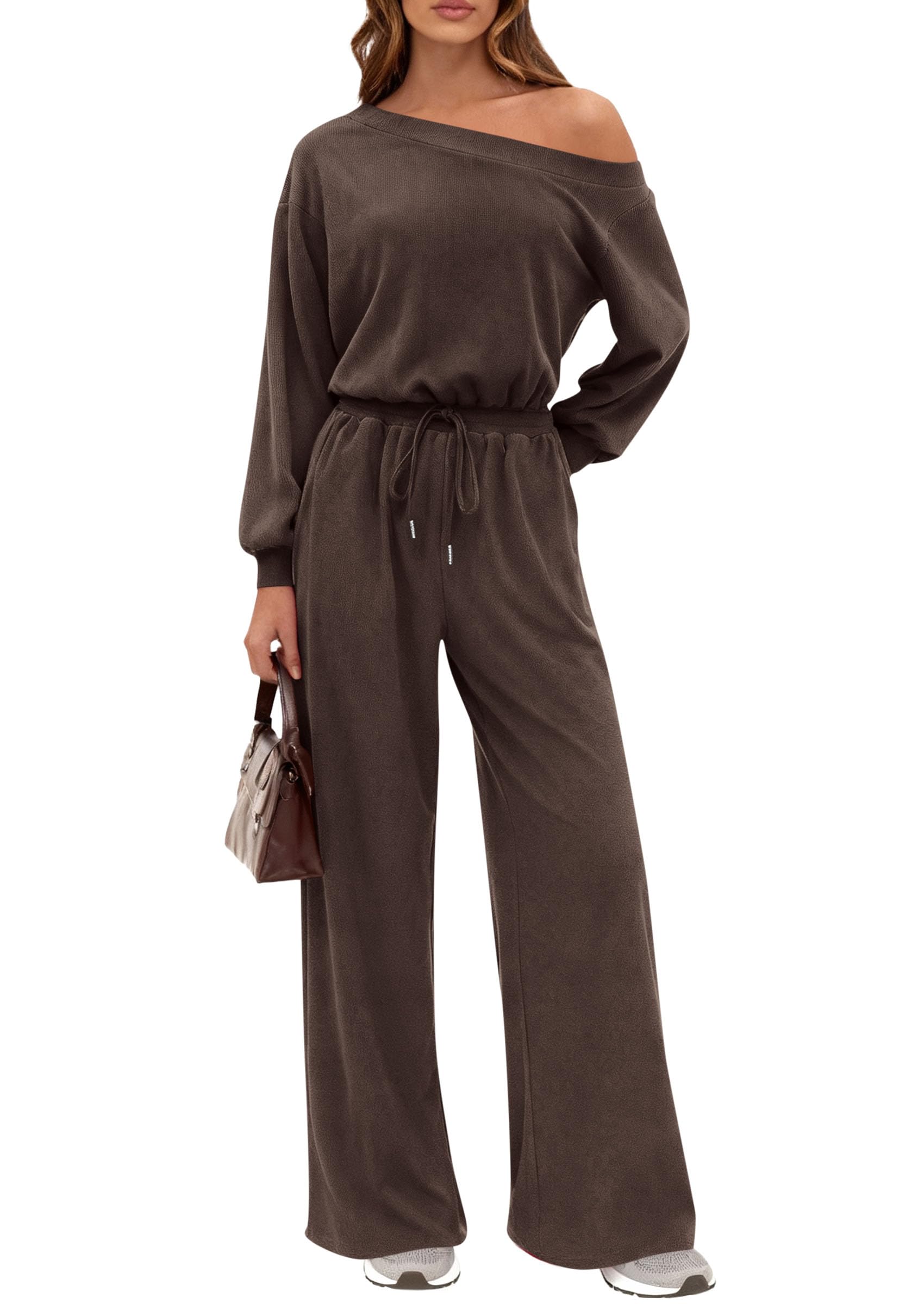 Womens Off Shoulder Long Sleeve Jumpsuit,Brown,S