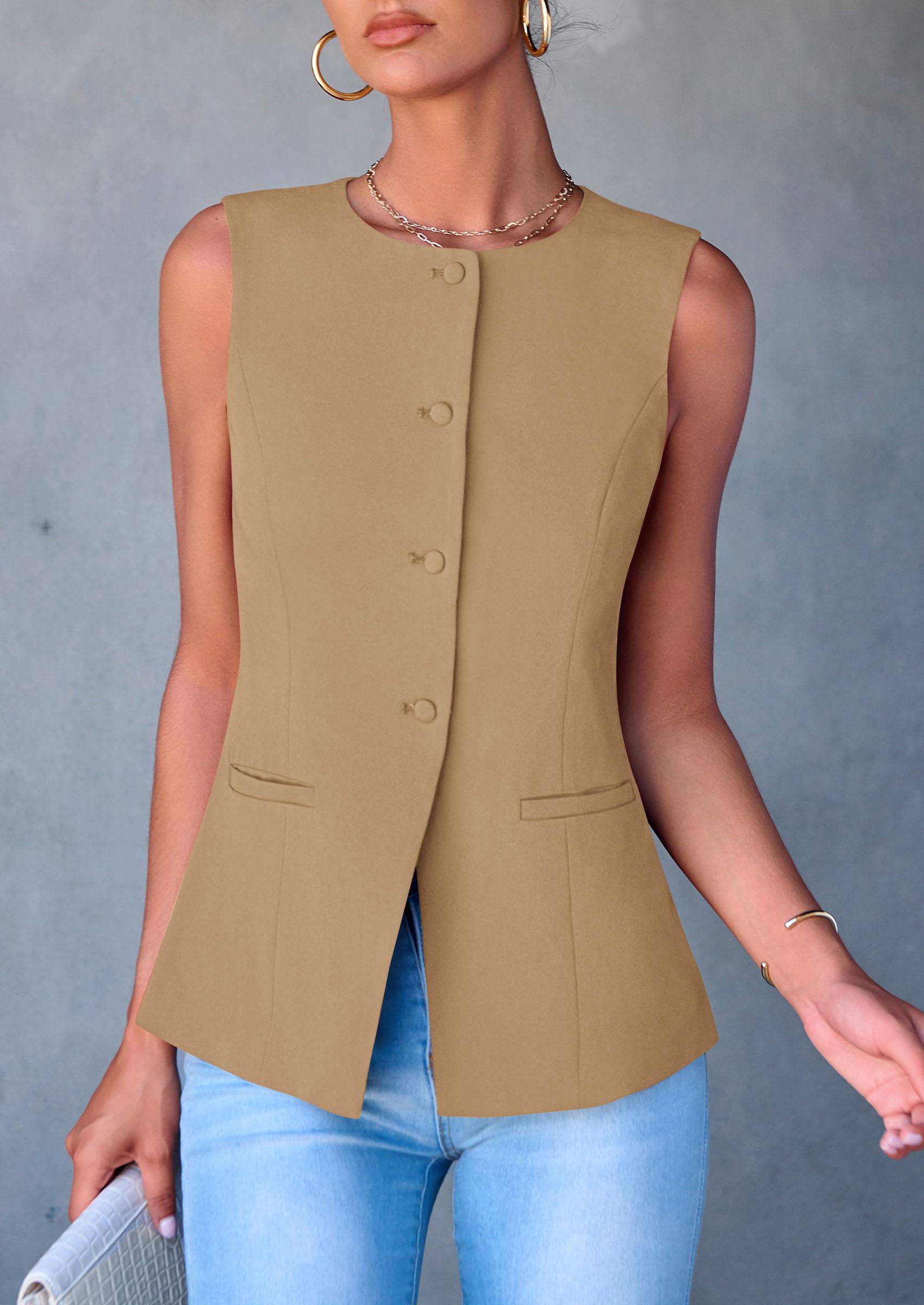Women Tailored Suit Vest Business Casual Tops, Light Khaki,S