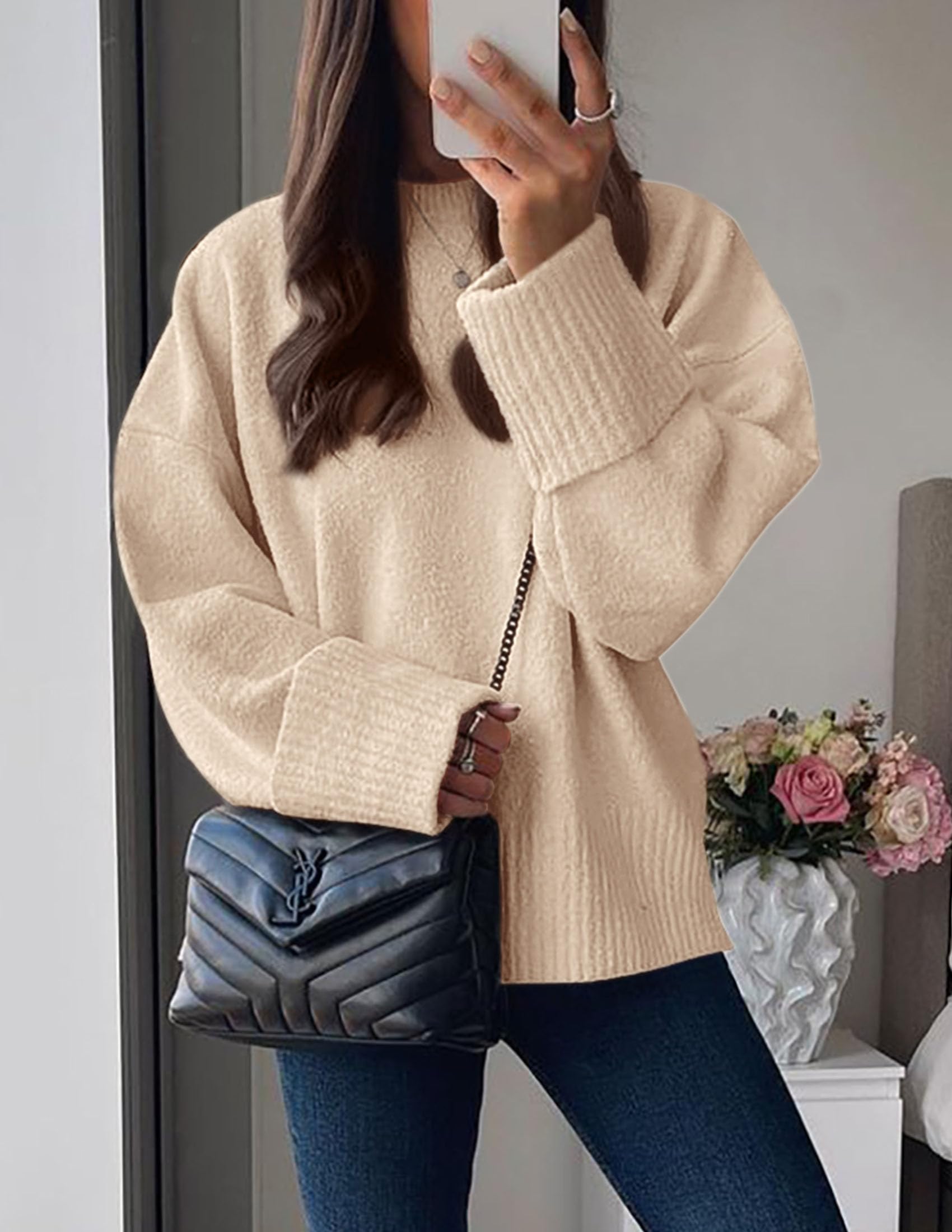 Women's Fall Fashion Cozy Oversized Sweaters(Beige,XS)