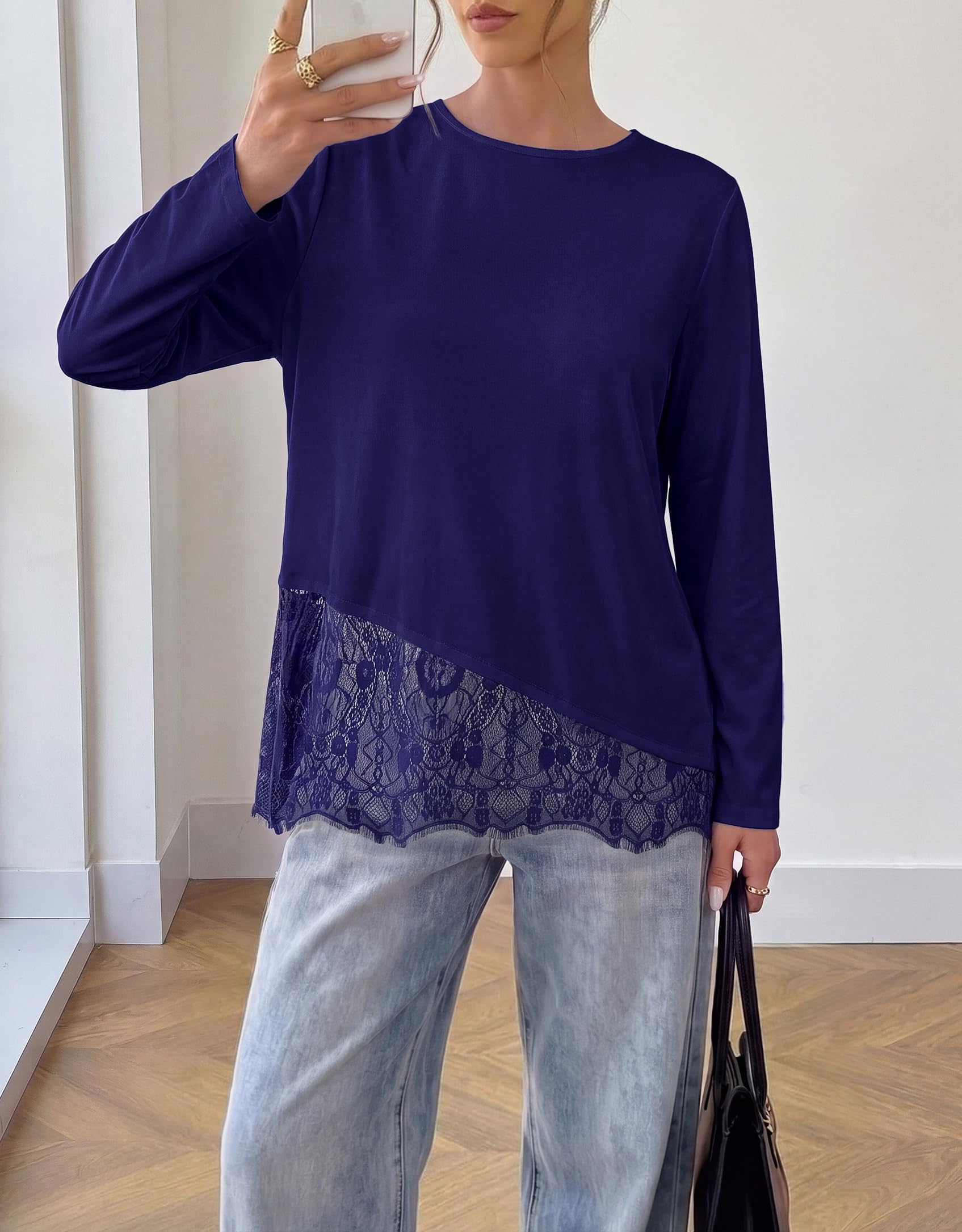Women's Lace Patchwork Long Sleeve Shirts,Navy,S