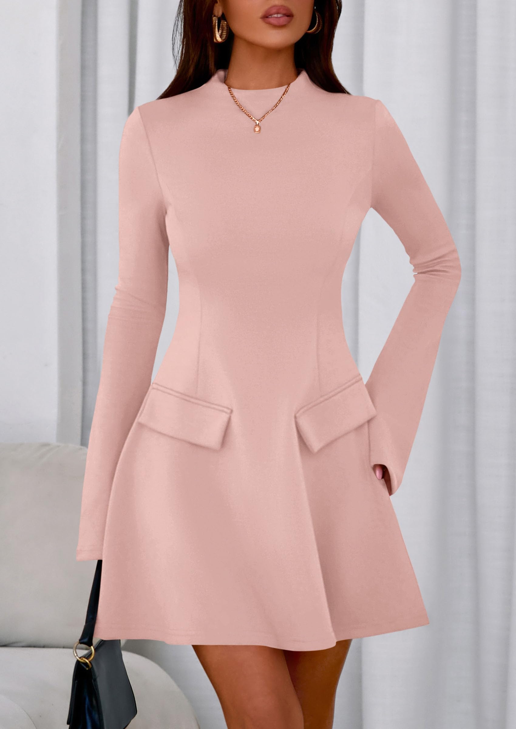 Women's Fall Bell Sleeve Short Dress,Light Pink,XS