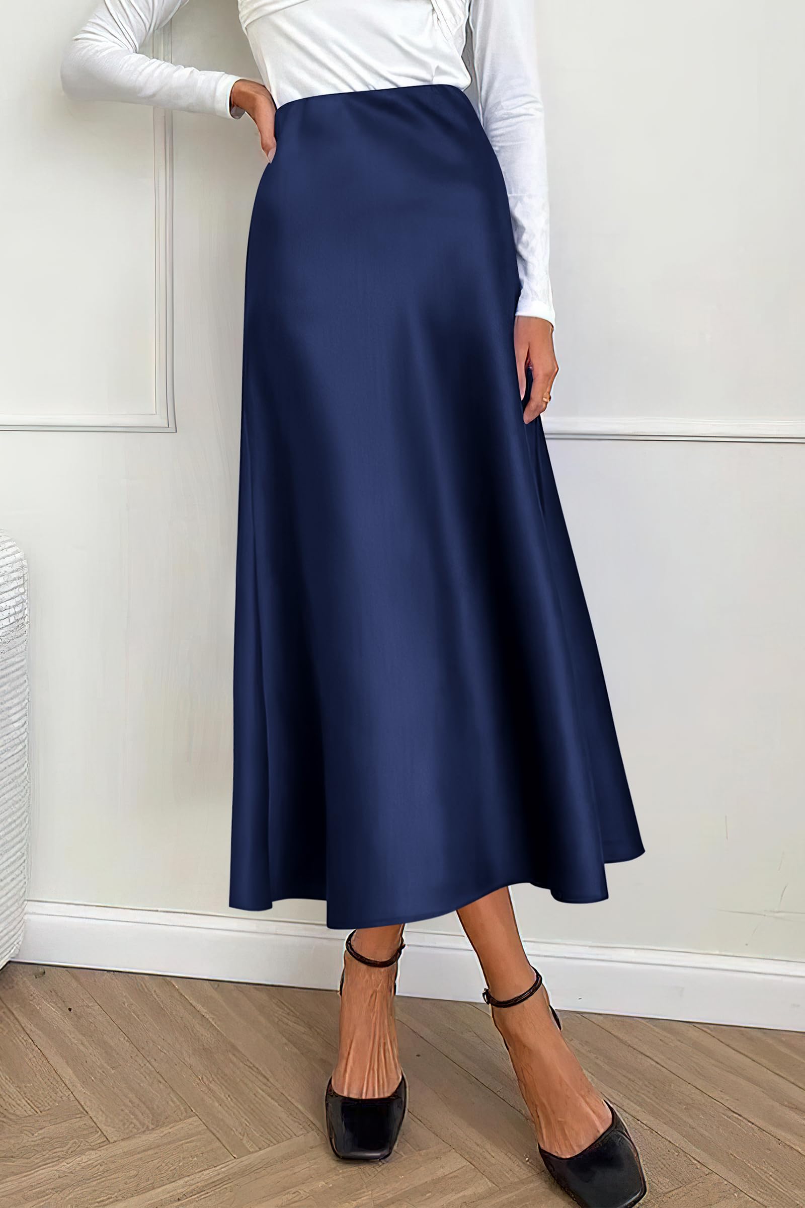 Women's Satin Midi Skirts Dressy Casual,Navy,S
