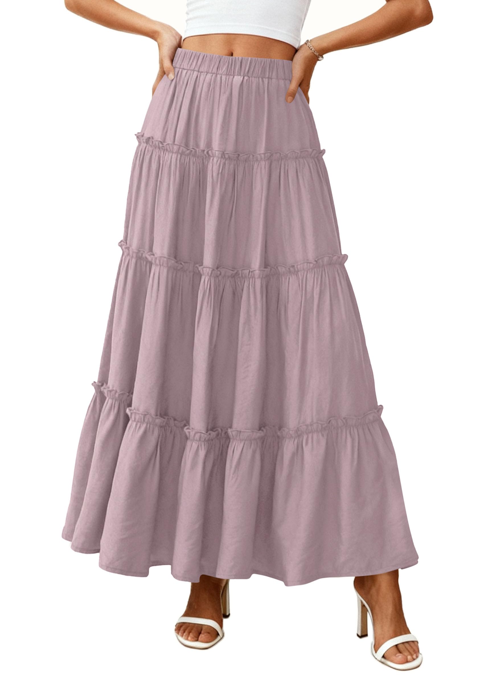 Women's Boho Tiered Ruffle Flowy Maxi Skirt, Purple,S
