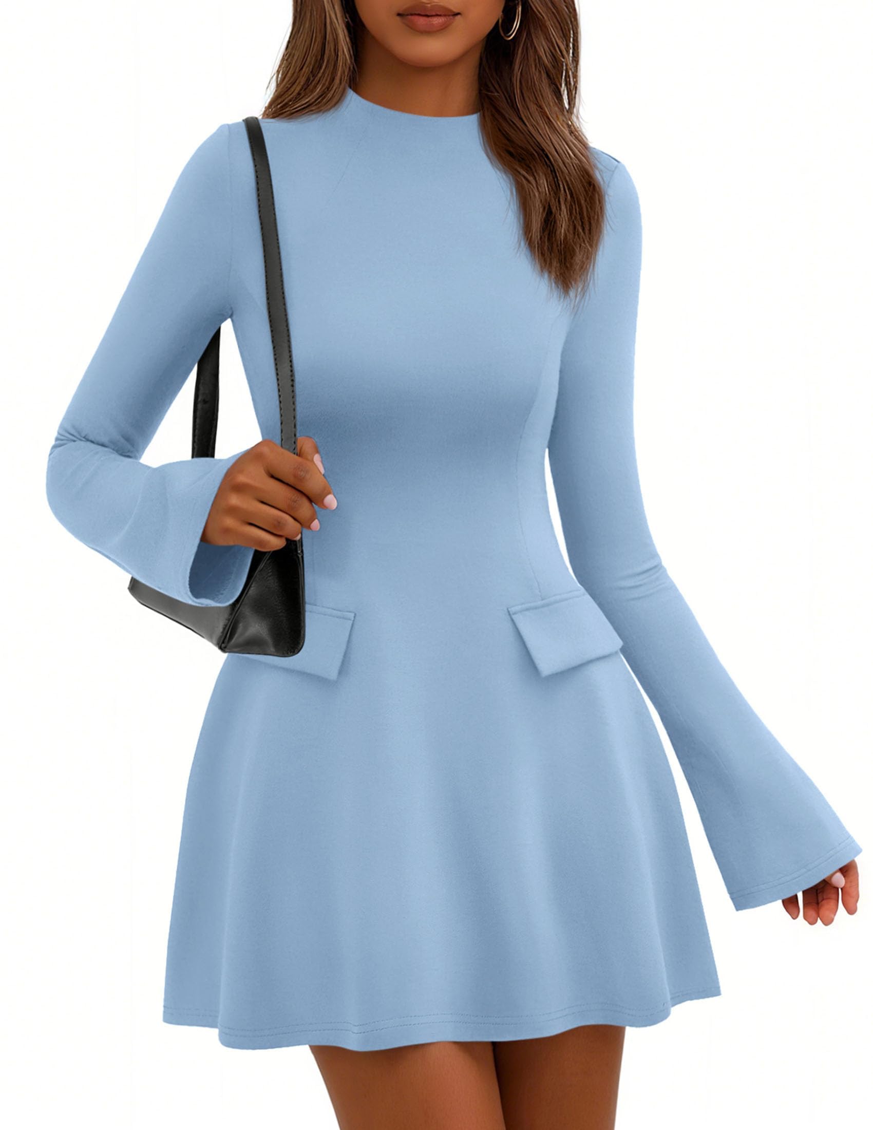 Women's Fall Bell Sleeve Short Dress,Light Blue,XS