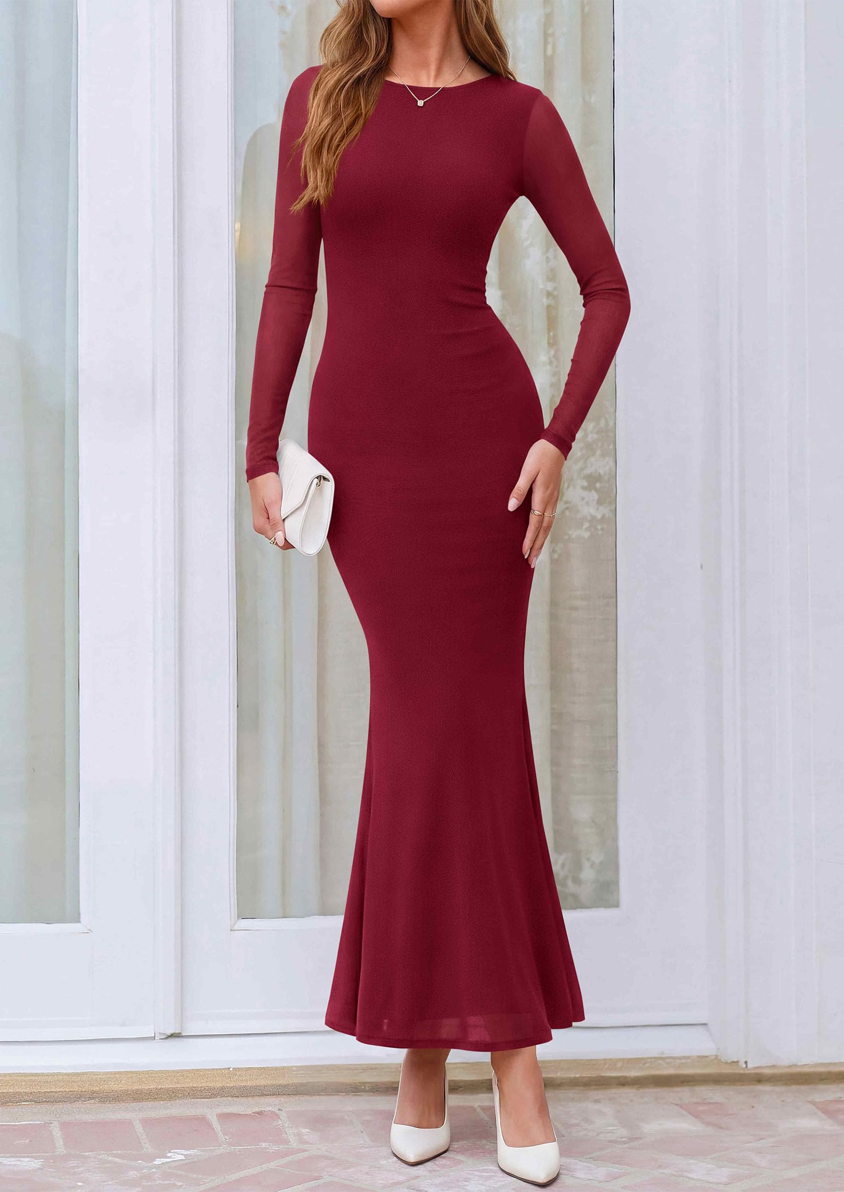 Women's Mesh Long Sleeve Maxi Dress Fall Wedding Guest Dresses
