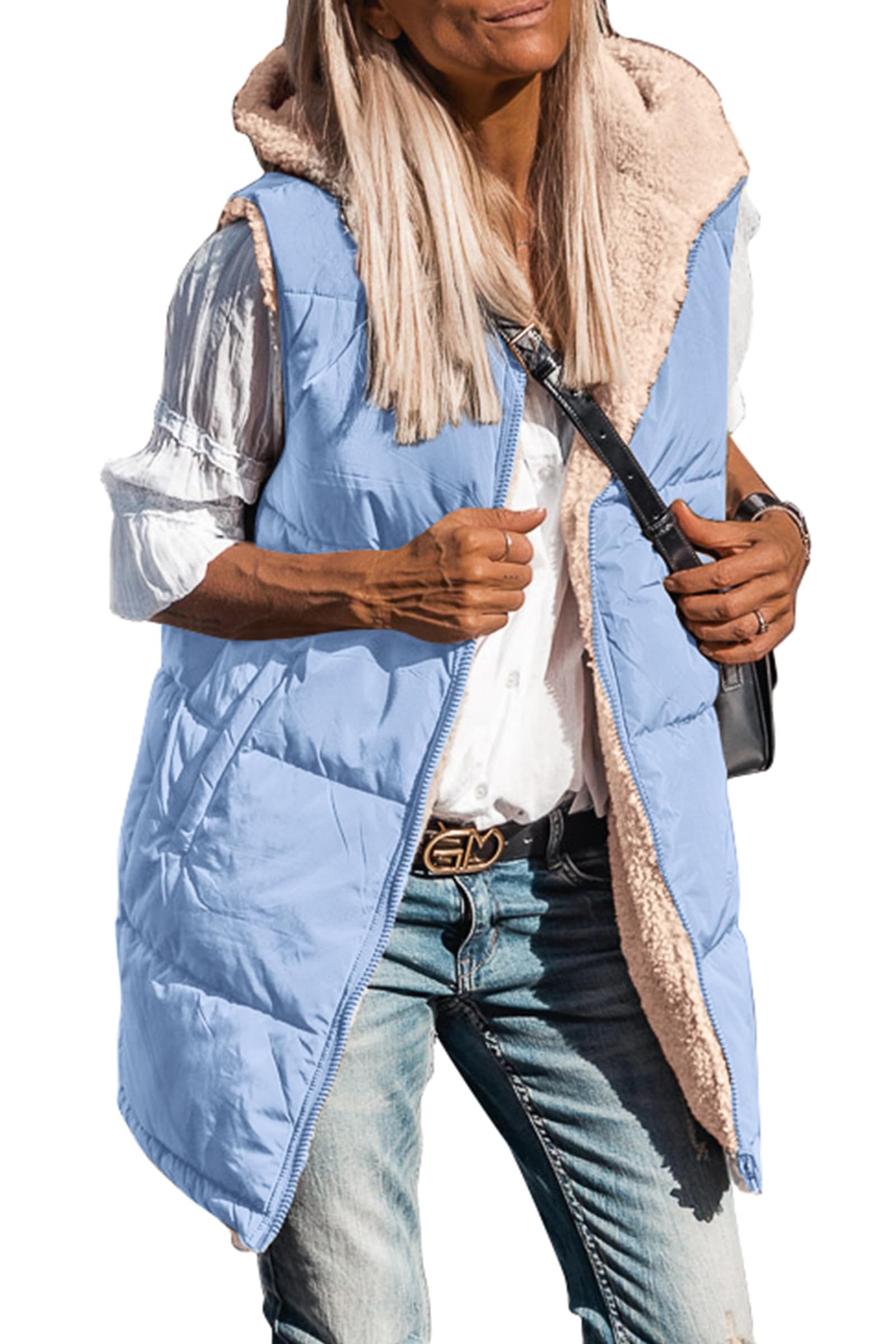 Women's Winter Reversible Fleece Long Vests(Light Blue,S)