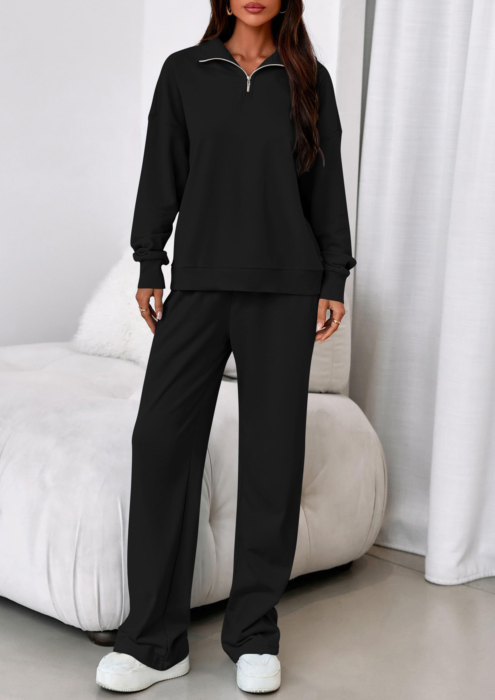 Womens 2 Piece Outfits Matching Lounge Sets,Black,S