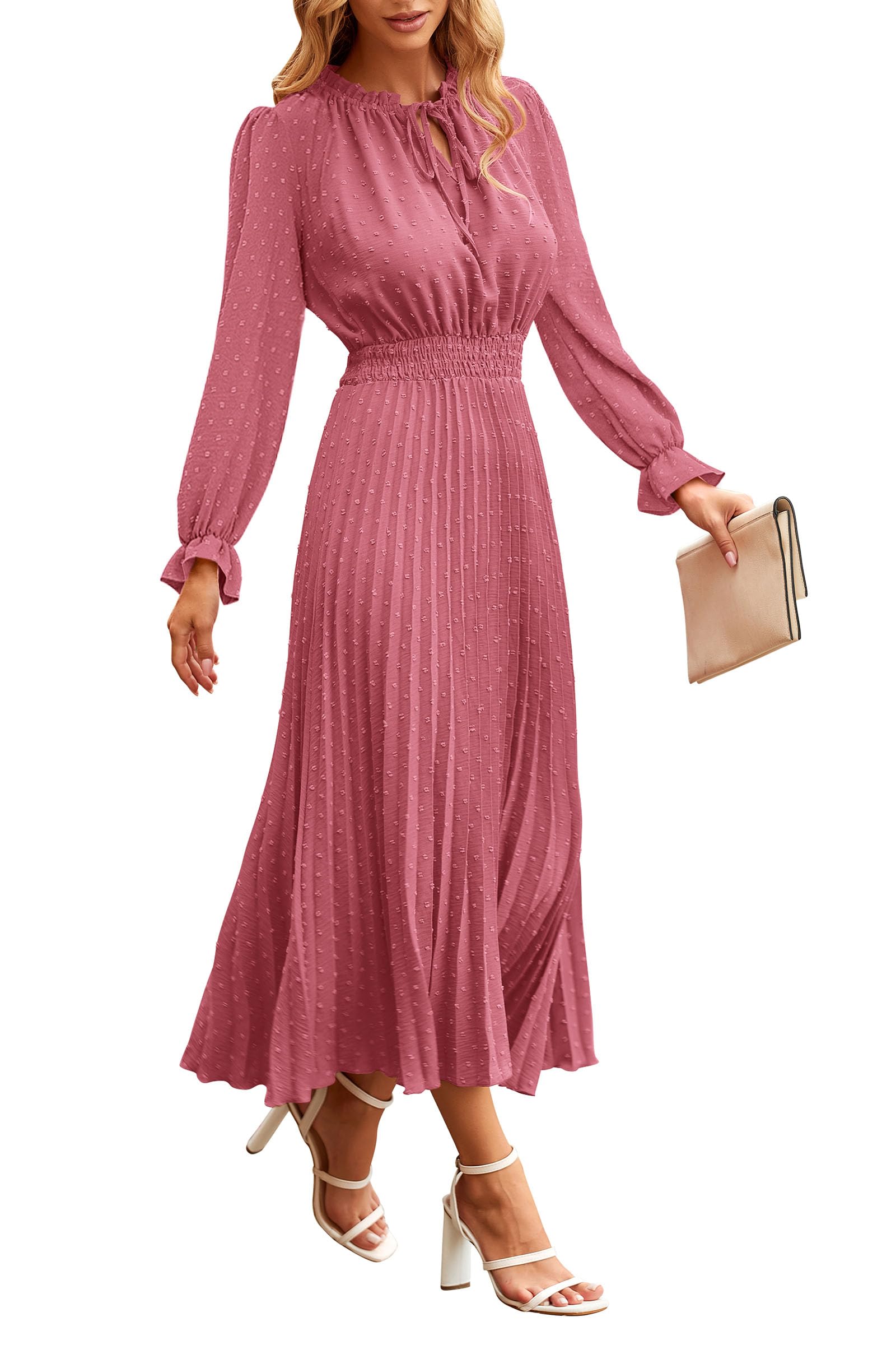 Midi Dress for Women Spring Fall 2025 Long Sleeve V Neck Pom Pom Swing A Line Long Dresses (Pink,Small)