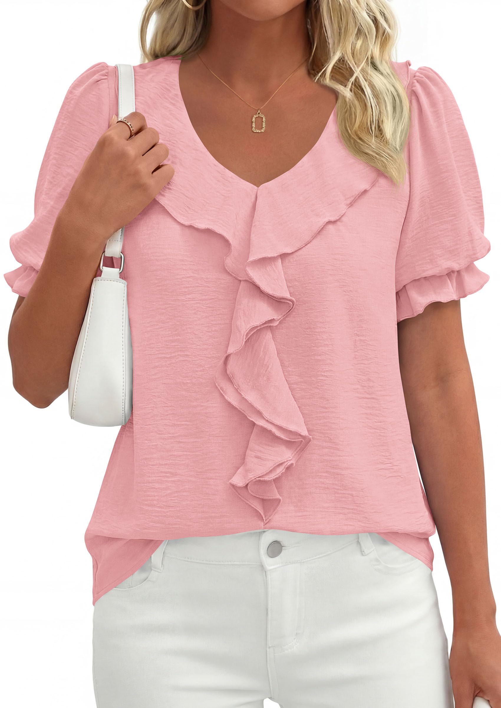 Women's Summer Ruffle Dressy Casual Blouses (Pink,S)