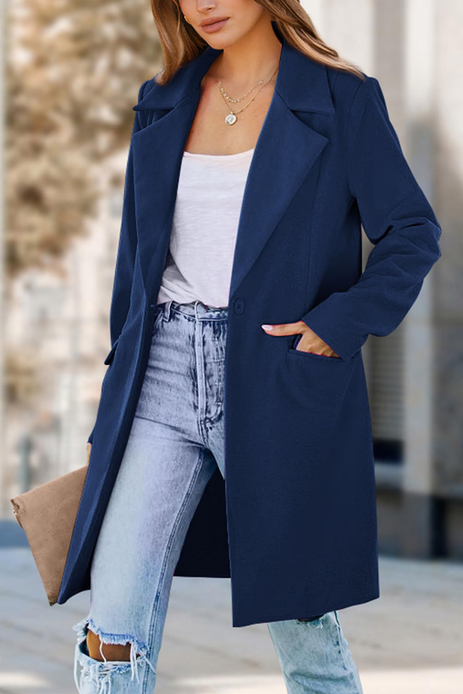 Women's Business Casual Long Blazer Jackets(Navy,S)