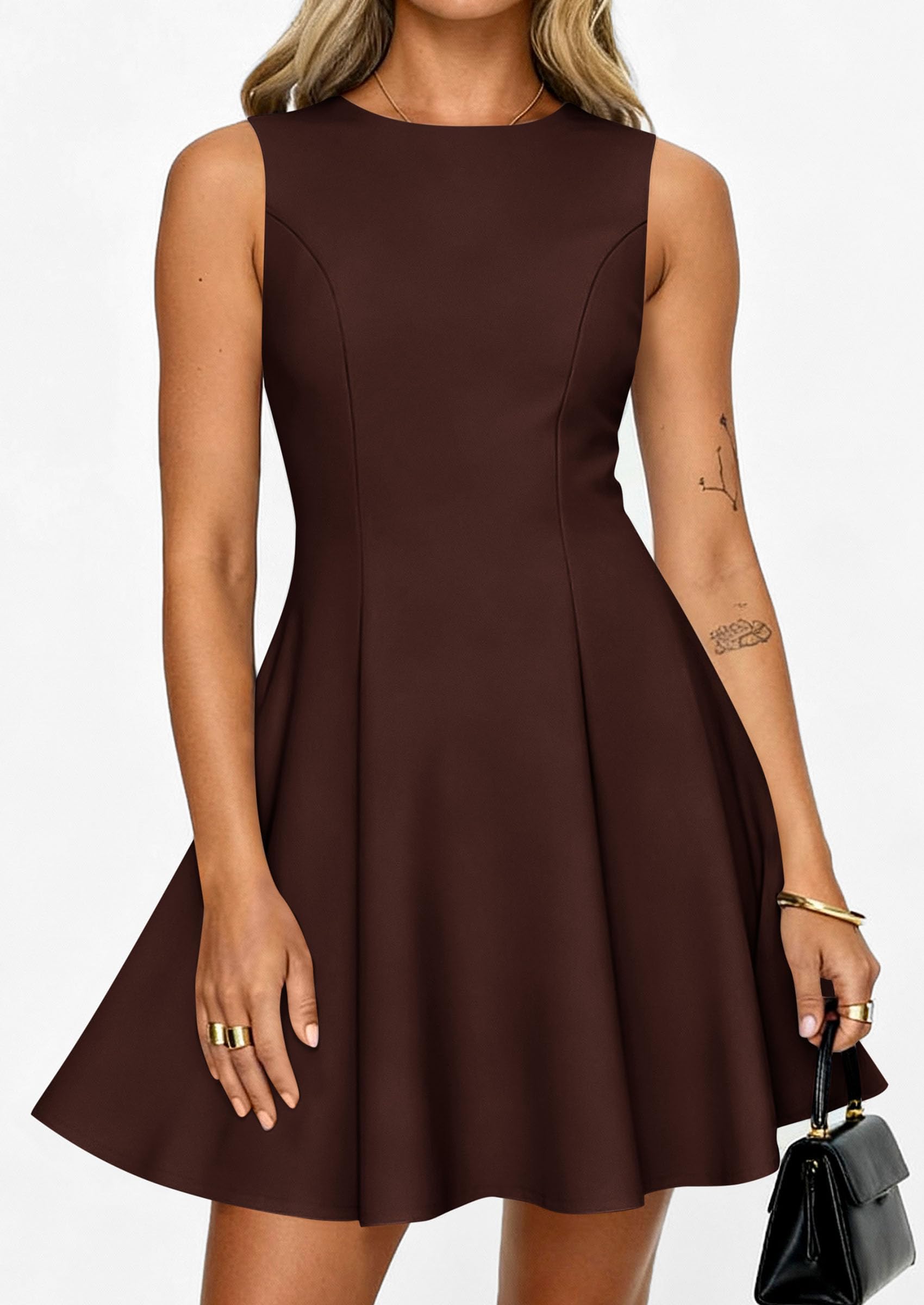 Women's Formal Boat Neck A Line Mini Dress,Brown,XS