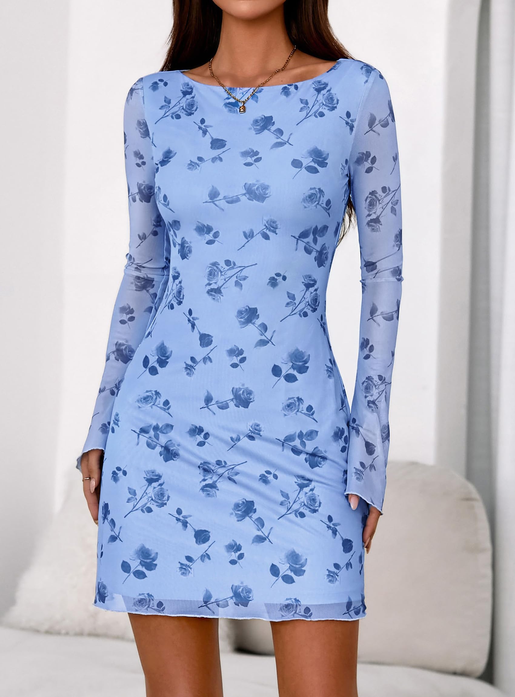 Women's Fall Floral Long Sleeve Mini Dress (Light Blue,M)