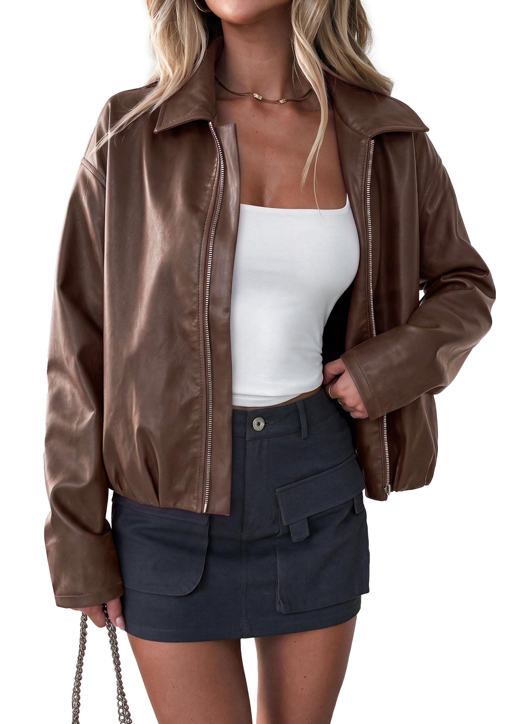 Womens Faux Leather Motorcycle Jackets Fall Cropped Coats