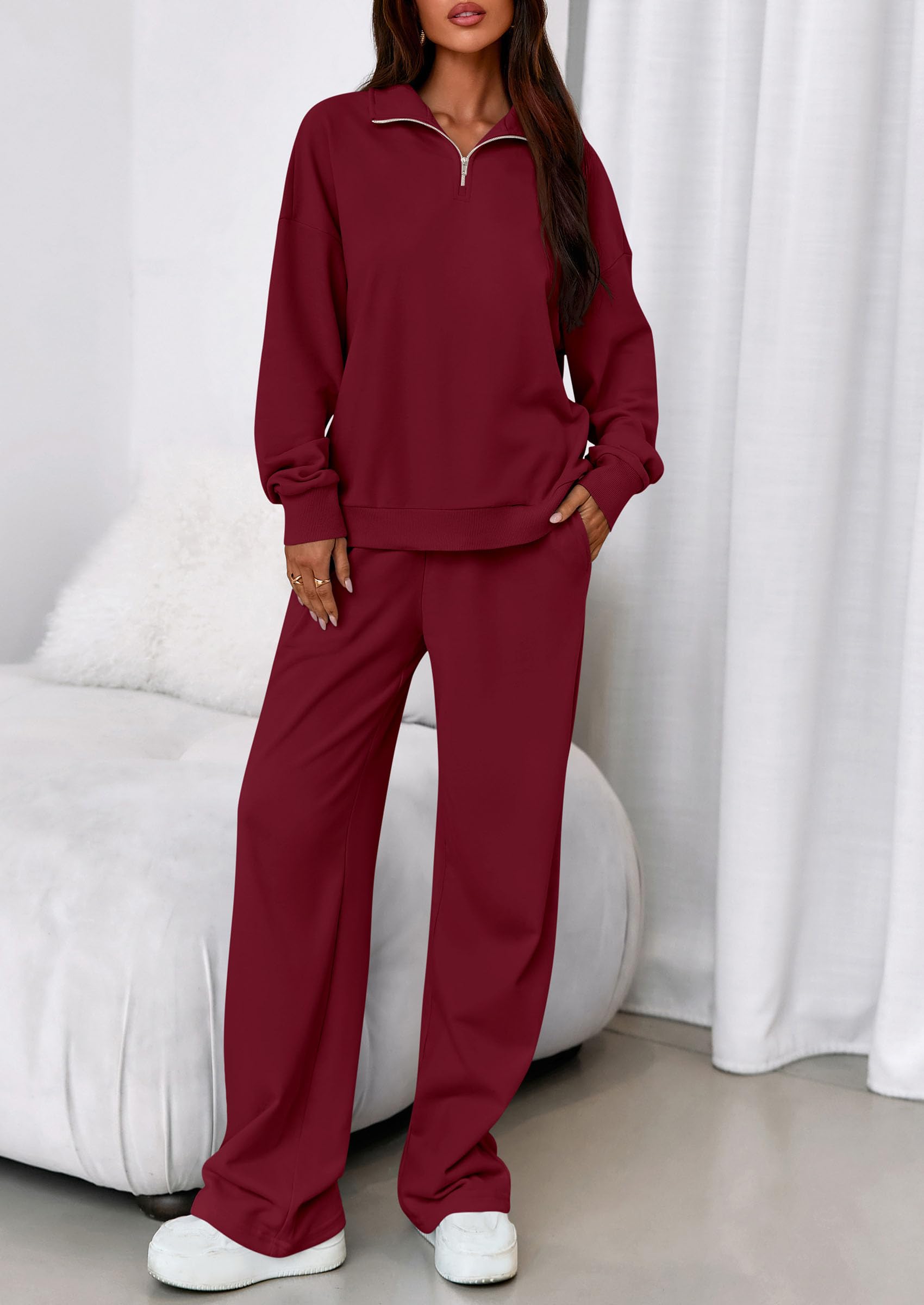 Womens 2 Piece Outfits Matching Lounge Sets,Wine Red,S