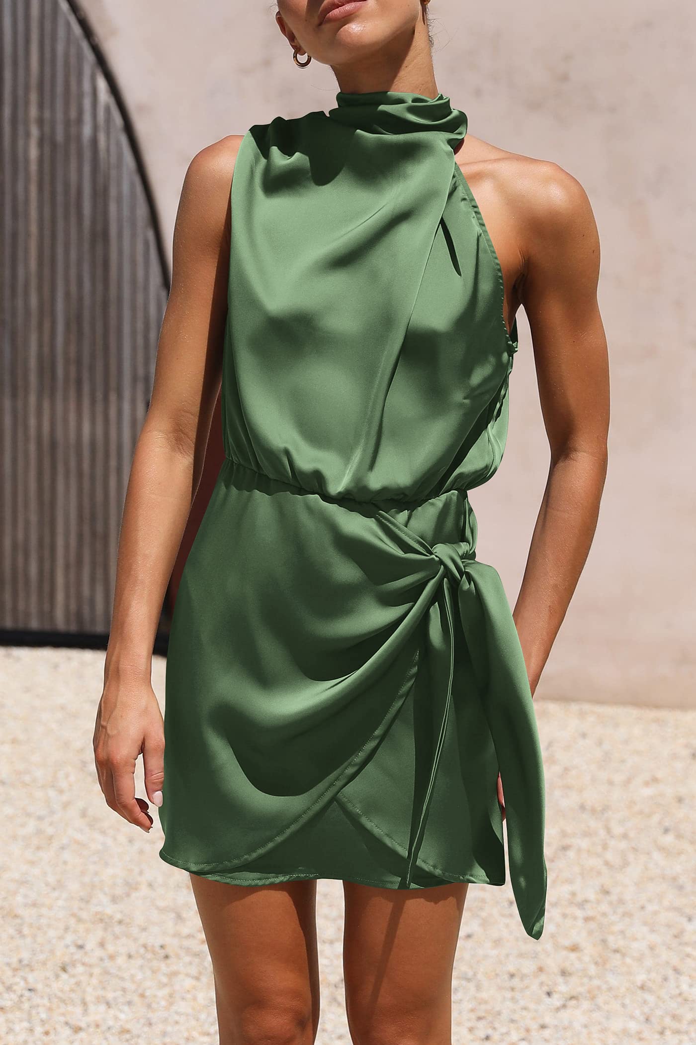Women's Short Formal Satin Dress Summer Sleeveless Mock Neck Tie Waist Cocktail Party Dresses (Army Green,Small)