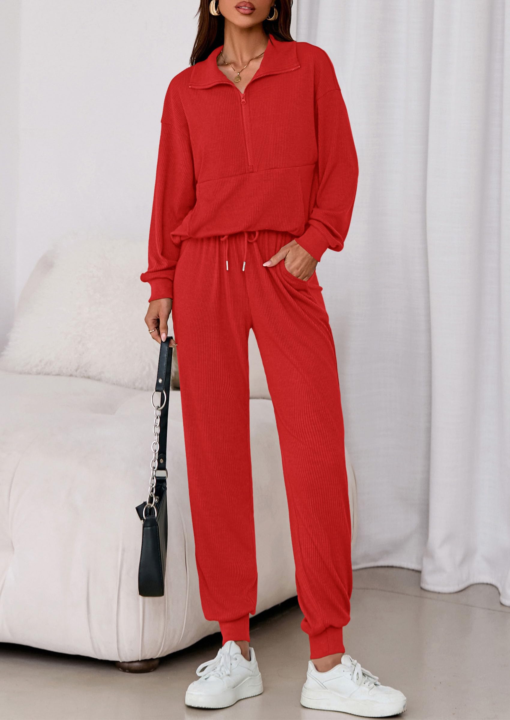 Airport Travel Outfit Women Ribbed Knit Matching Lounge Sets