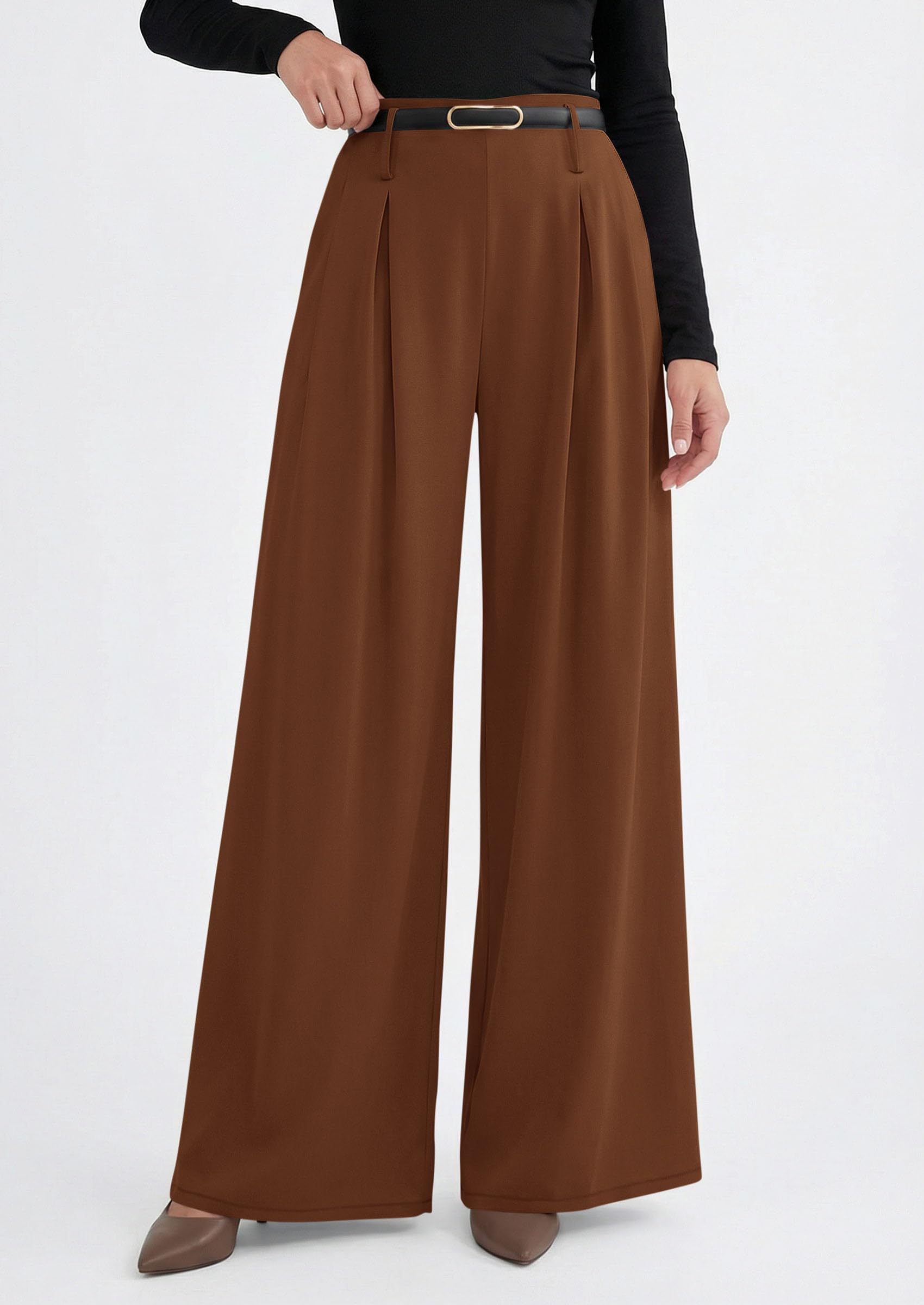 Womens Wide Leg Dress Pants Flowy Trousers,Red Brown,S