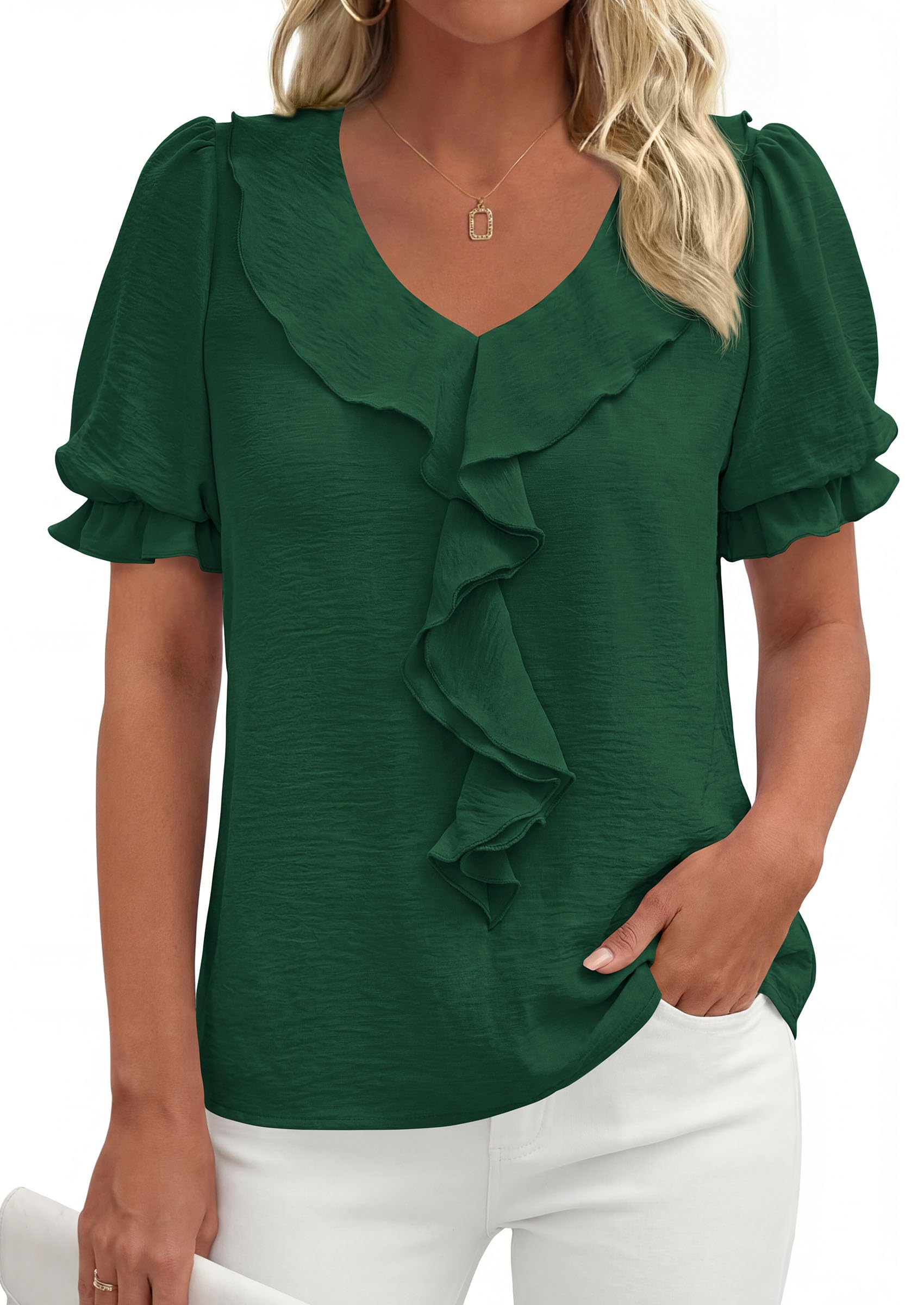 Women's Summer Ruffle Dressy Casual Blouses (Dark Green,S)