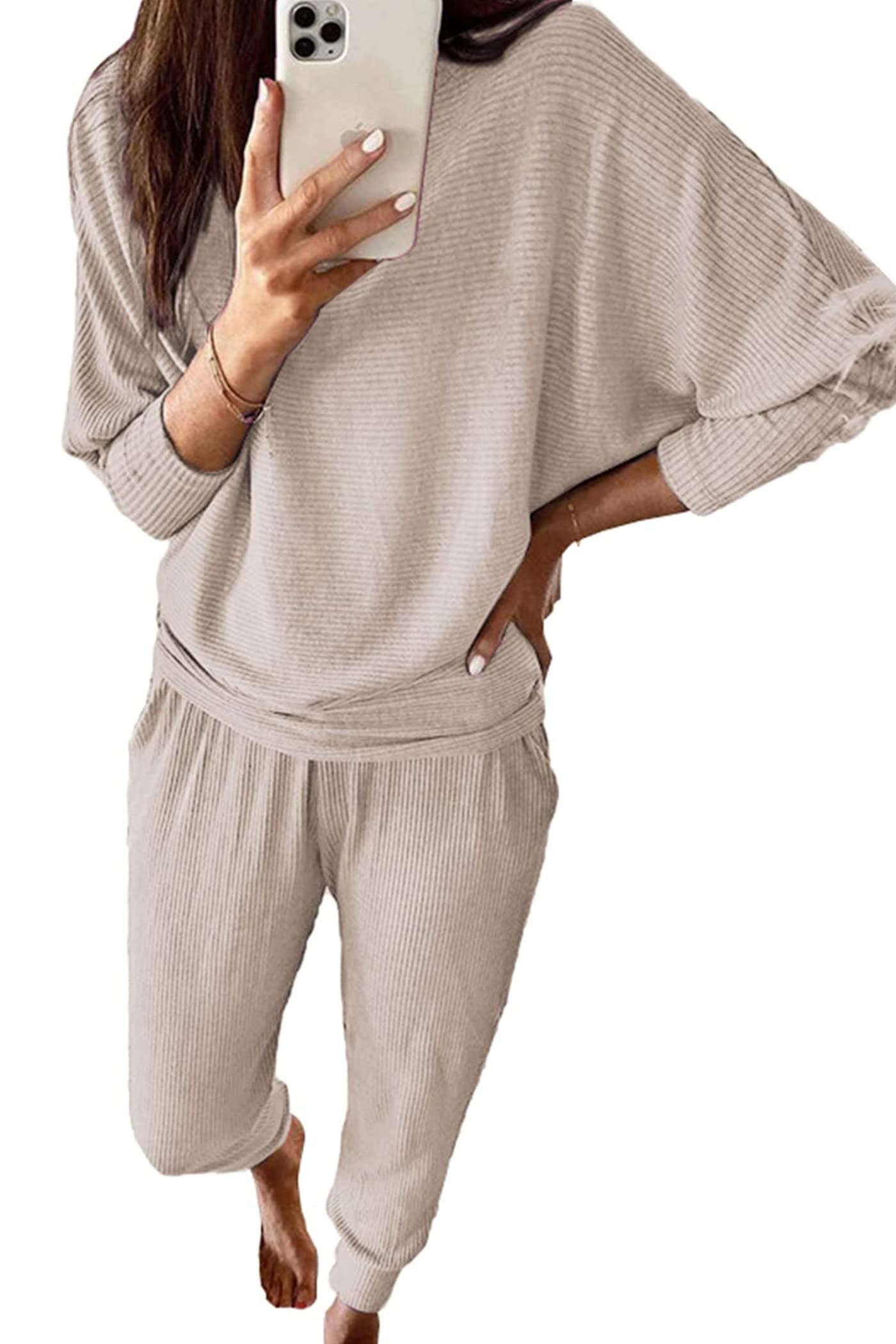 Women's 2 Piece Outfit Matching Lounge Set, Apricot,M