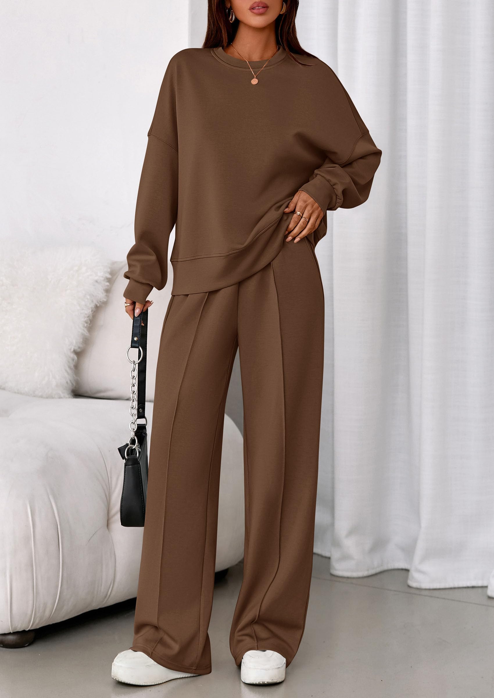 Womens Long Sleeve Sweatshirt 2 Piece Sets,Brown,S