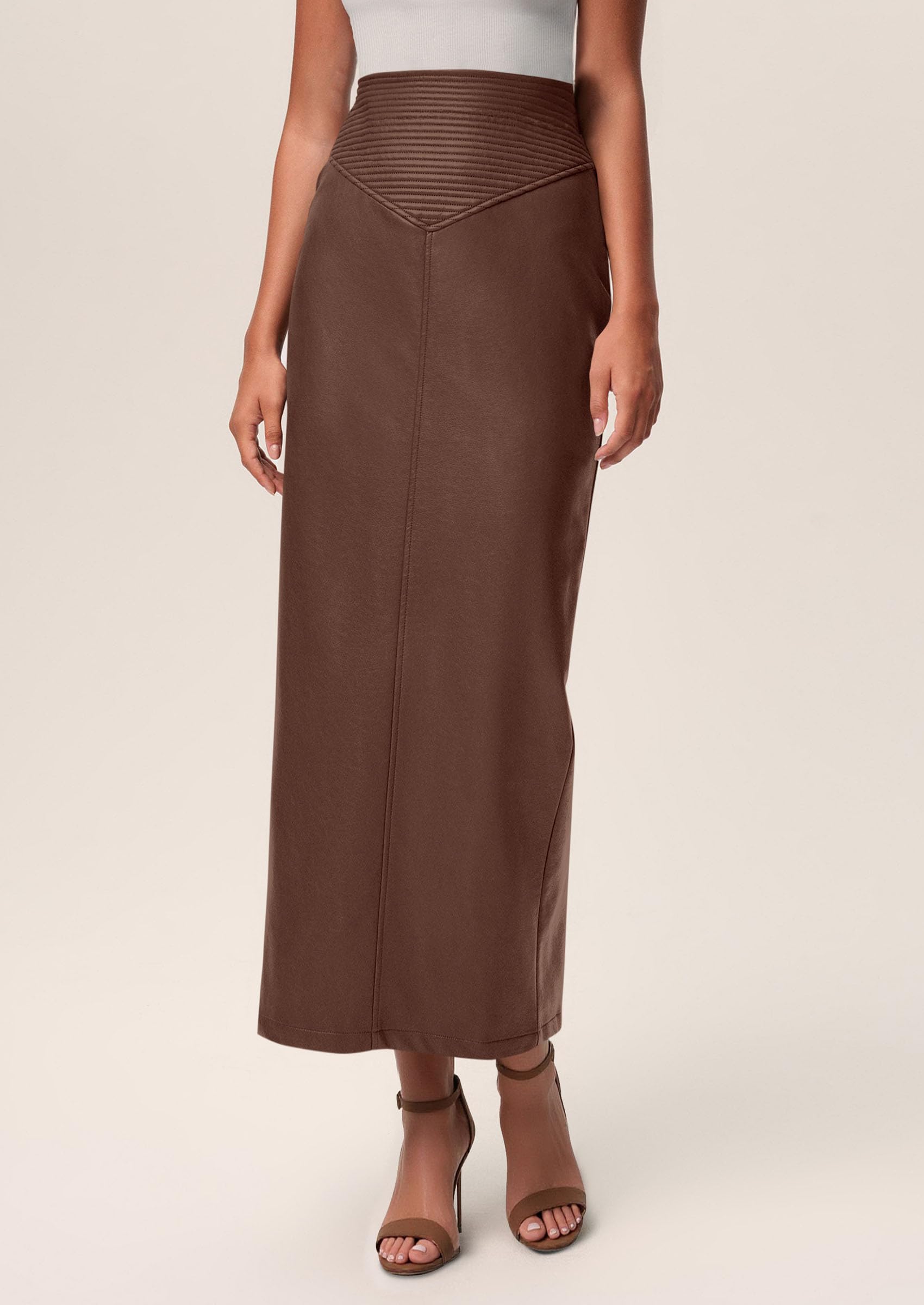 Women's Faux Leather High Waisted Maxi Skirts,Brown,XS