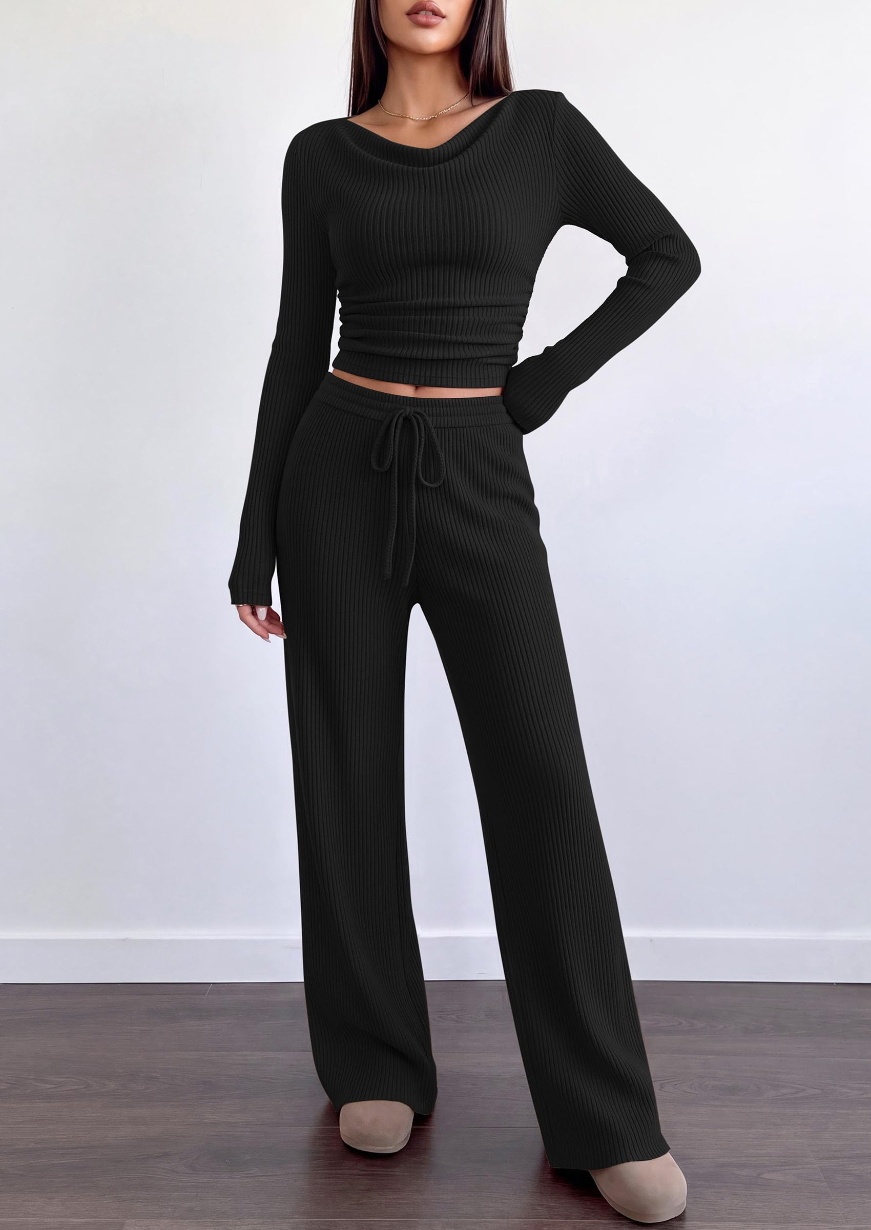 Matching Sets Women Clothing Fall Ribbed 2 Piece Lounge Set