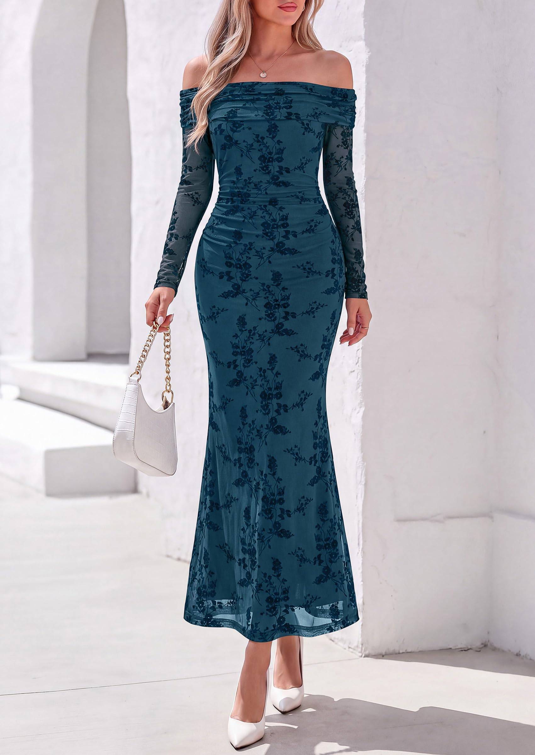 Womens Fall Off Shoulder Floral Maxi Wedding Guest Dress