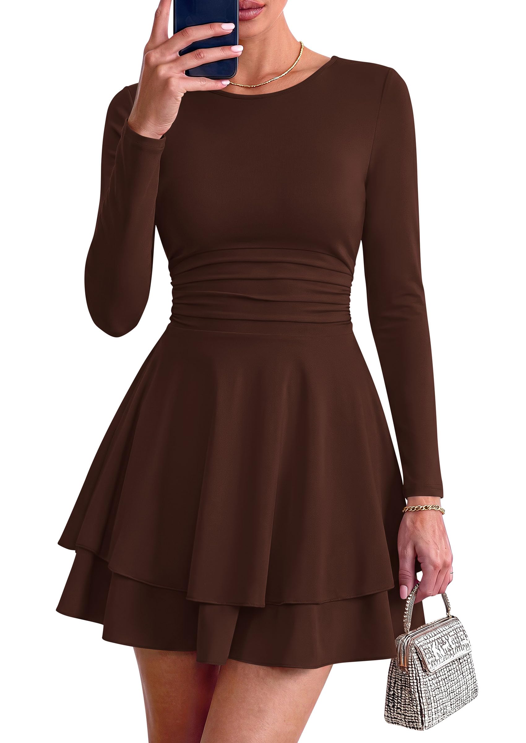 Womens Fit and Flare Crewneck Long Sleeve Mini Dress Brown,S
