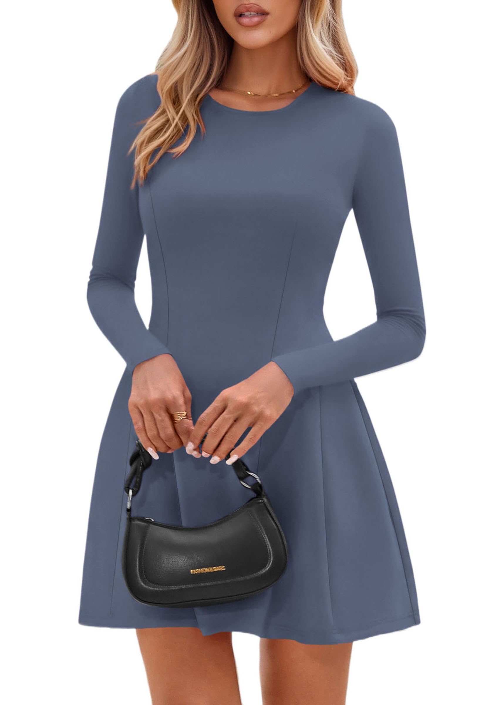 Womens Long Sleeve Pleated Mini Dress,Blue,XS