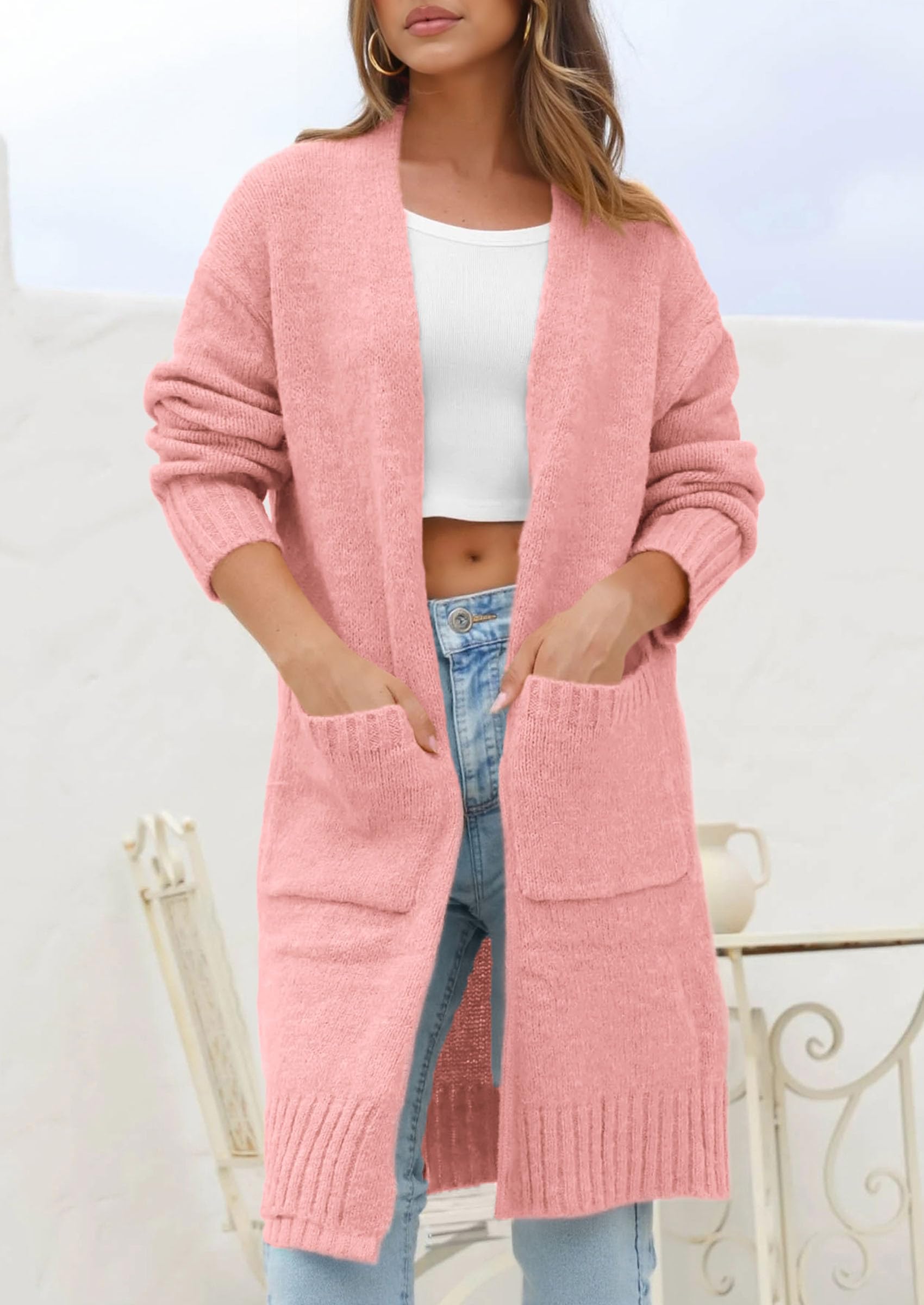 Open Front Cardigan Sweaters for Women,Pink,S