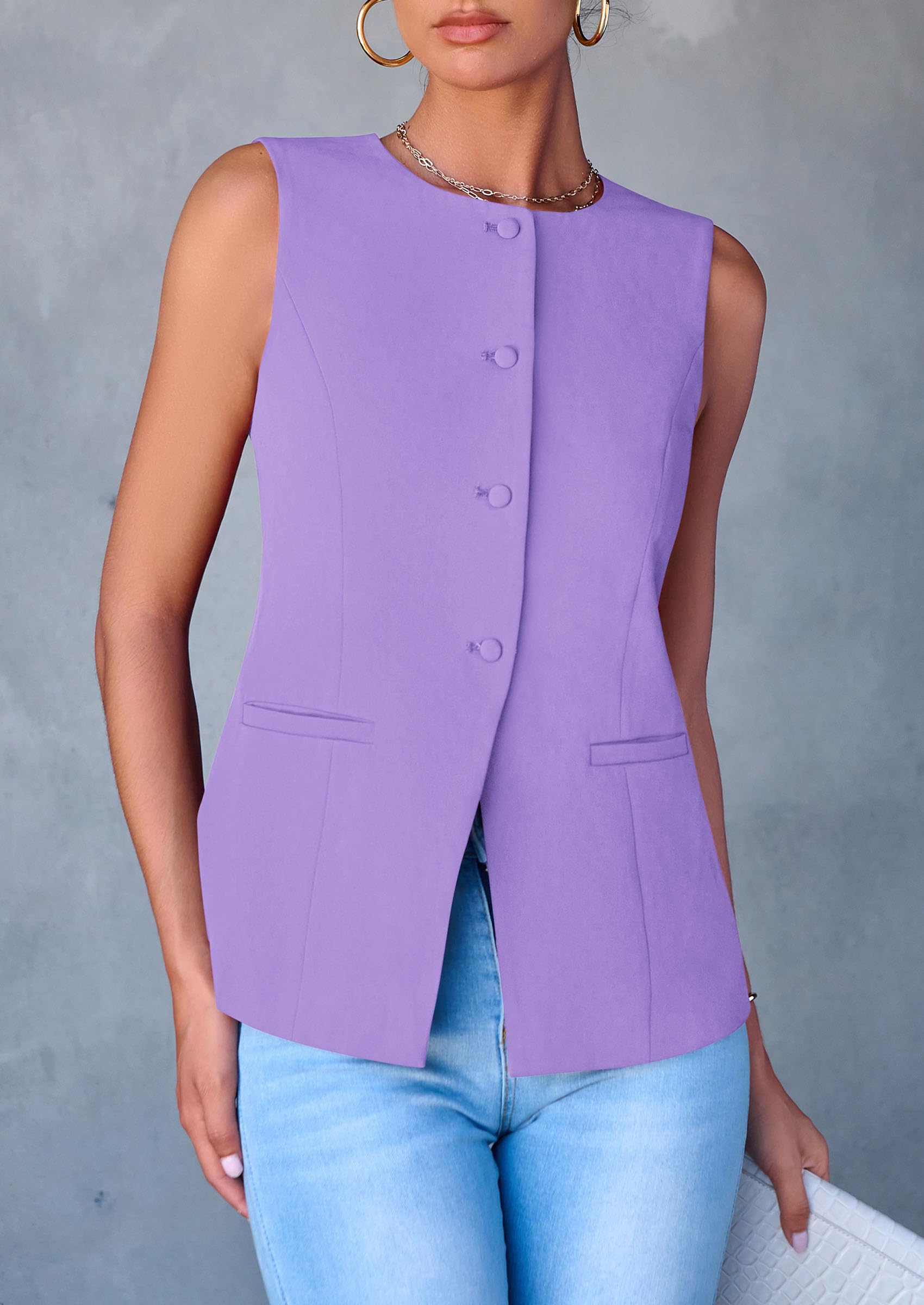 Women Tailored Suit Vest Business Casual Tops, Light Purple,S