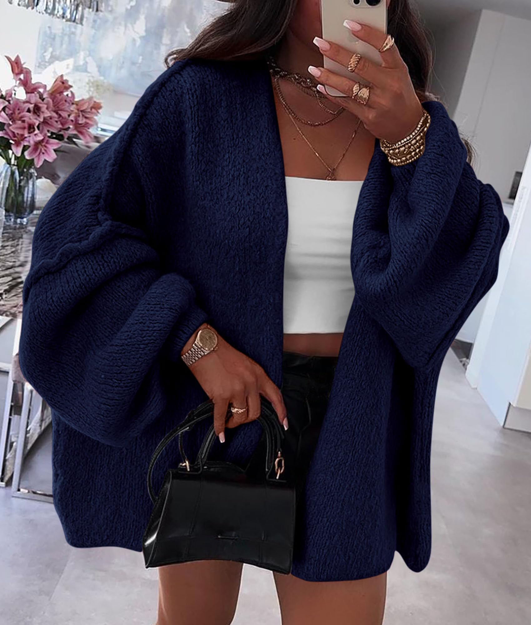 Womens Open Front Oversized Cardigan Sweaters,Navy,XS