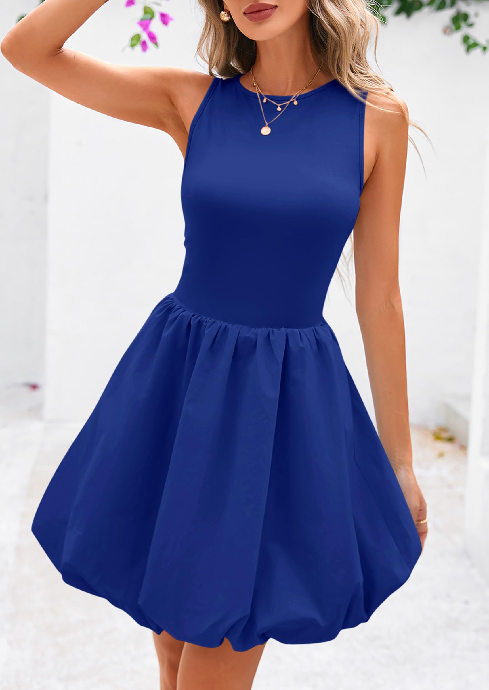 Womens Summer Bubble Sleeveless Mini Dress,Royal Blue,S