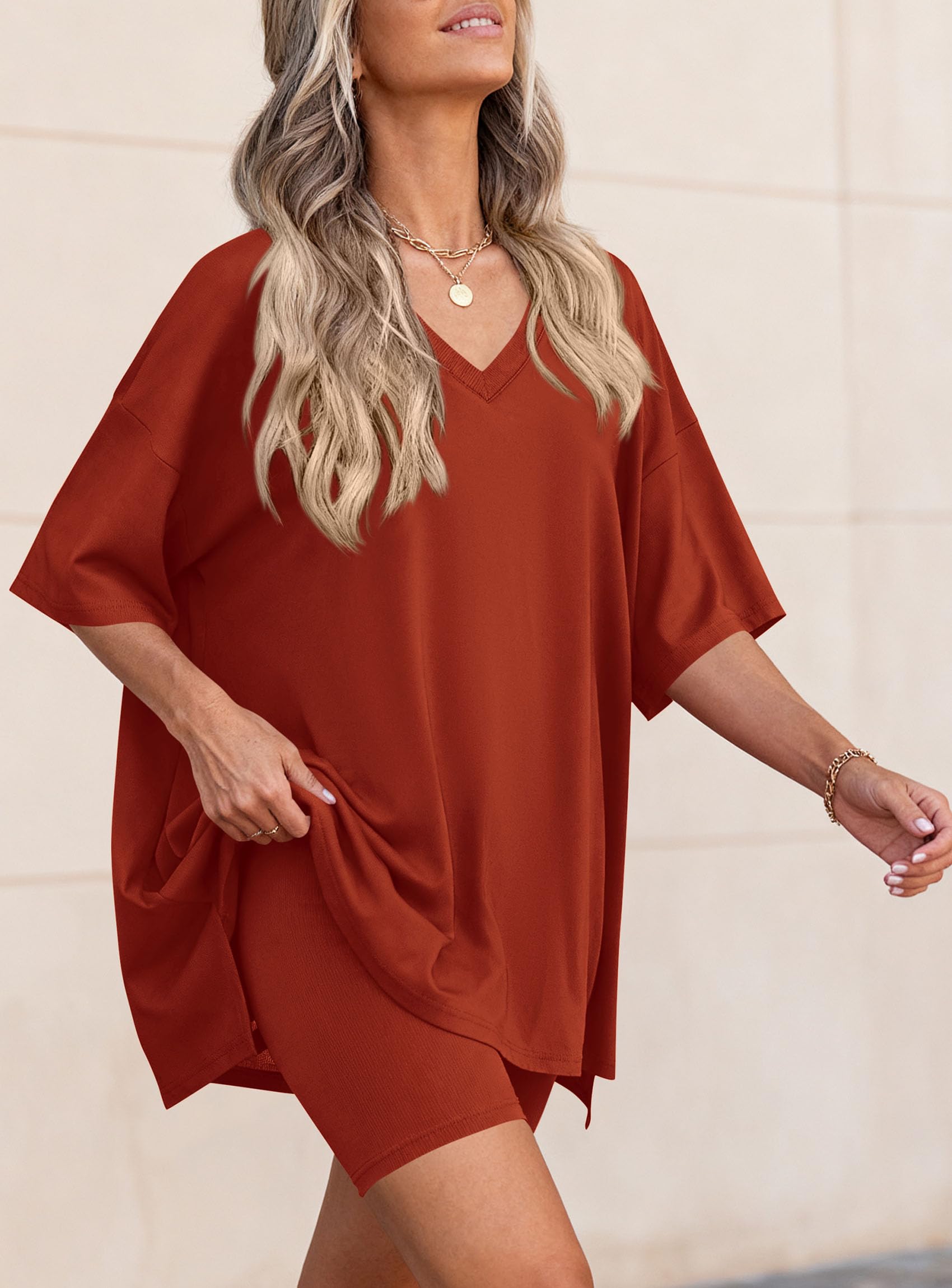 Womens 2 Piece Outfit Lounge Short Sets,Brick Red,S