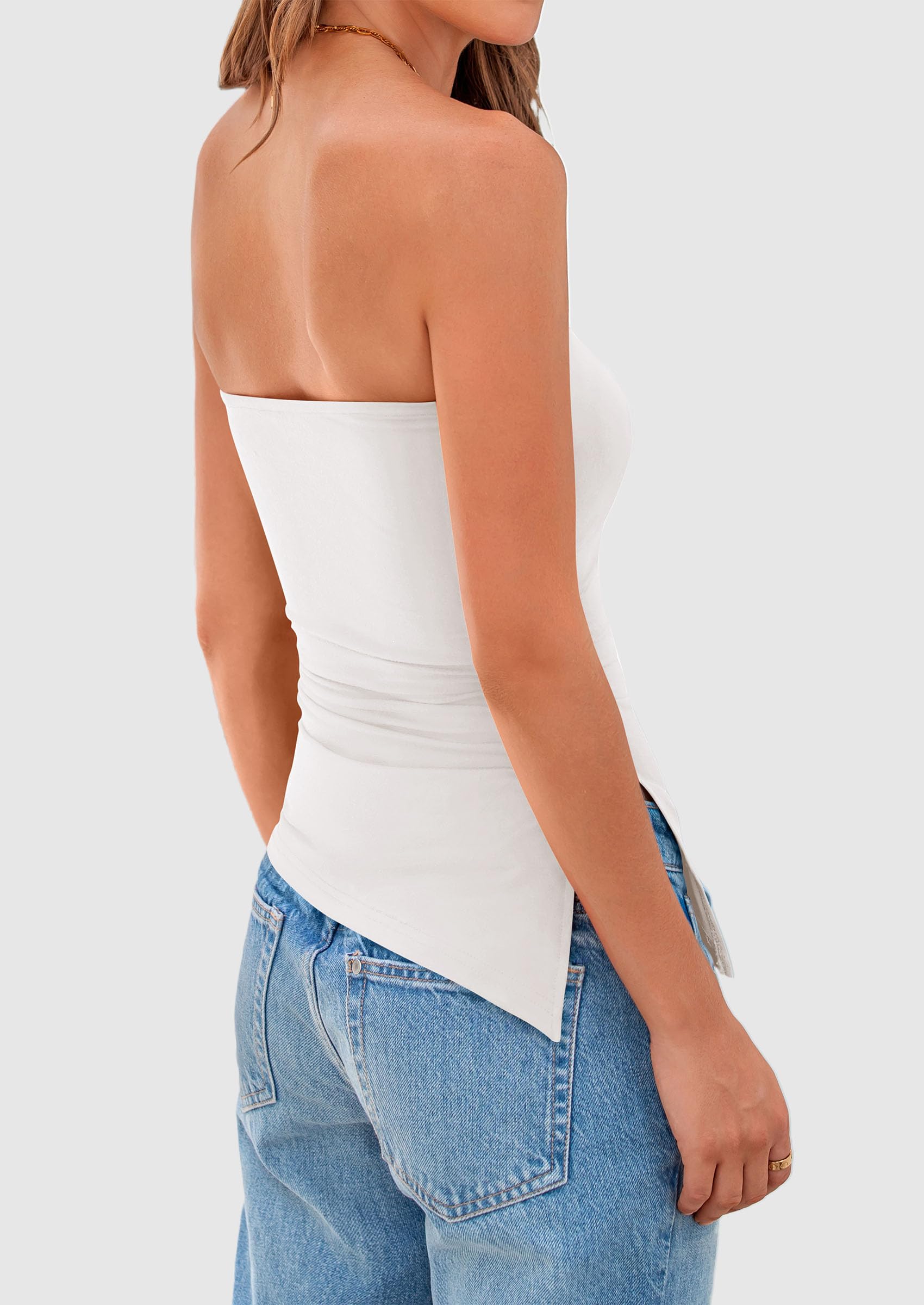 Women's Ruched Asymmetrical Strapless Tube Top, Beige White,S