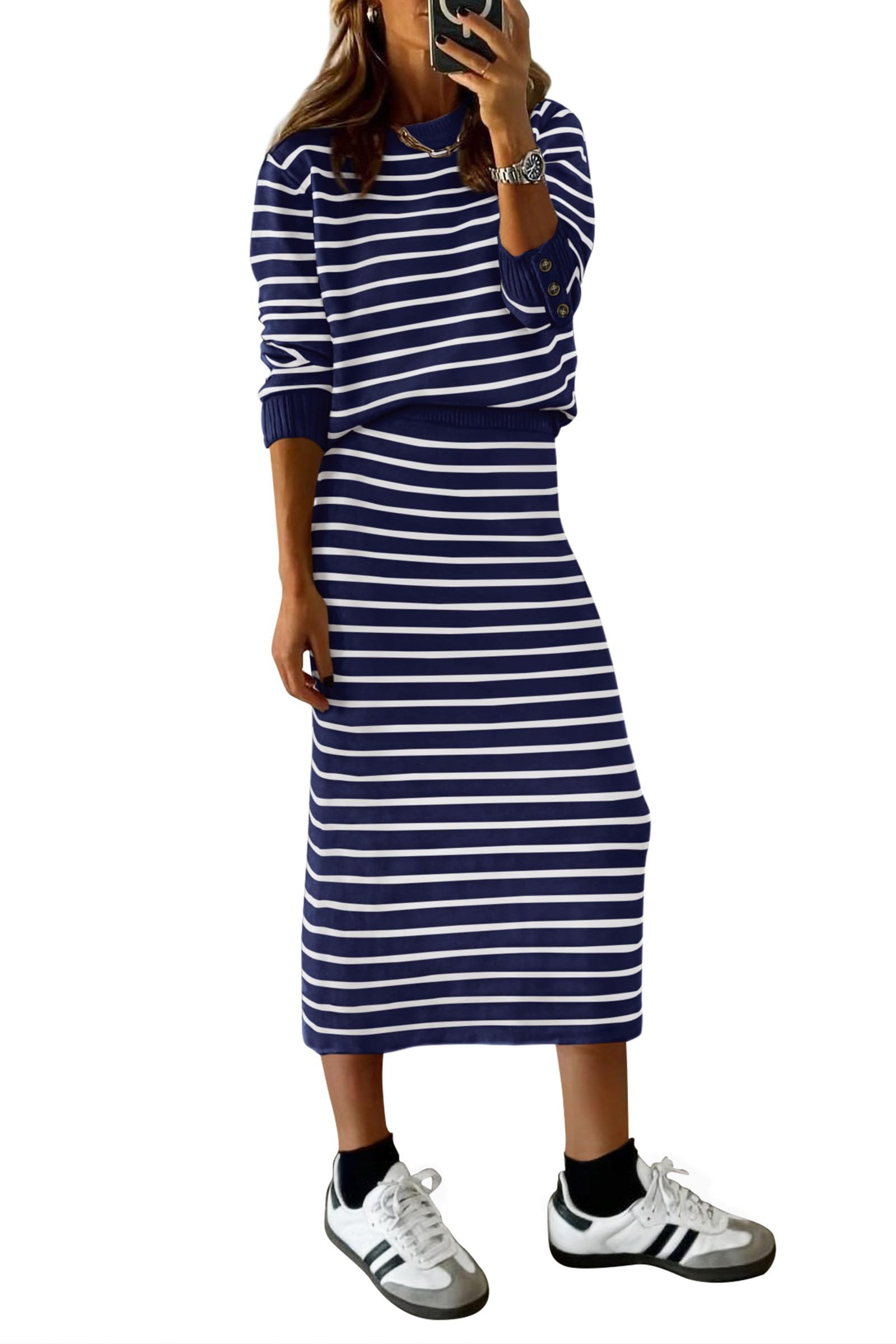 Women's 2 Piece Striped Sweater Skirt Set Fall Matching Sets
