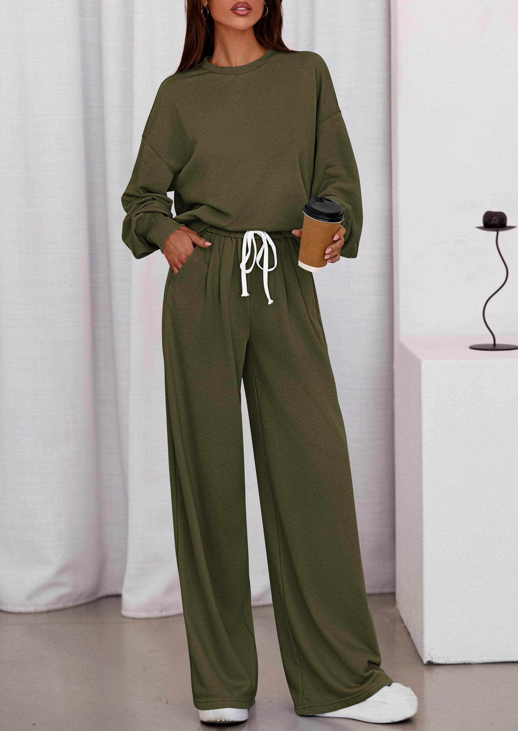 Womens Loose Fit Casual 2 Piece Lounge Set,Army Green,M