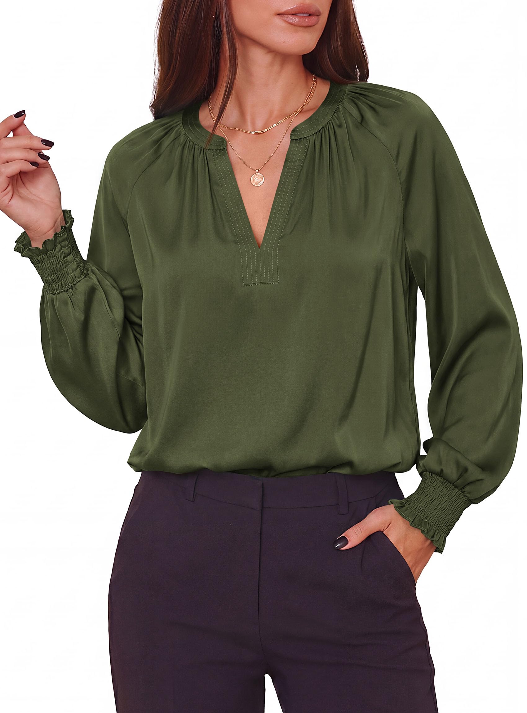 Women's Satin Blouses V Neck Long Sleeve Tops,Army Green,L