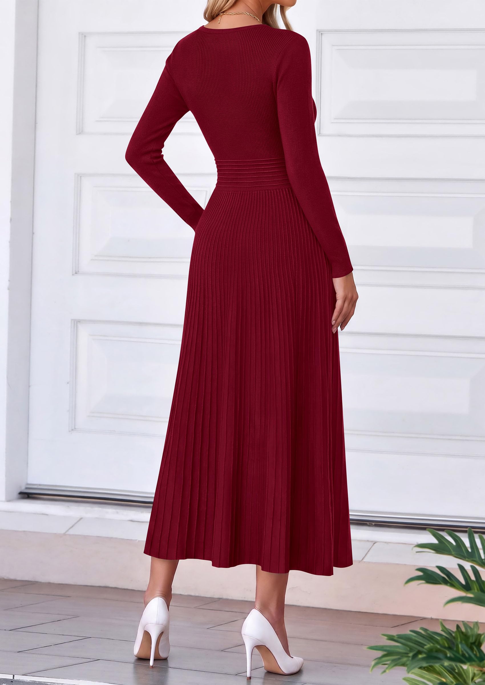 Women's Fall V Neck Pleated Midi Sweater Dress,Wine Red,S