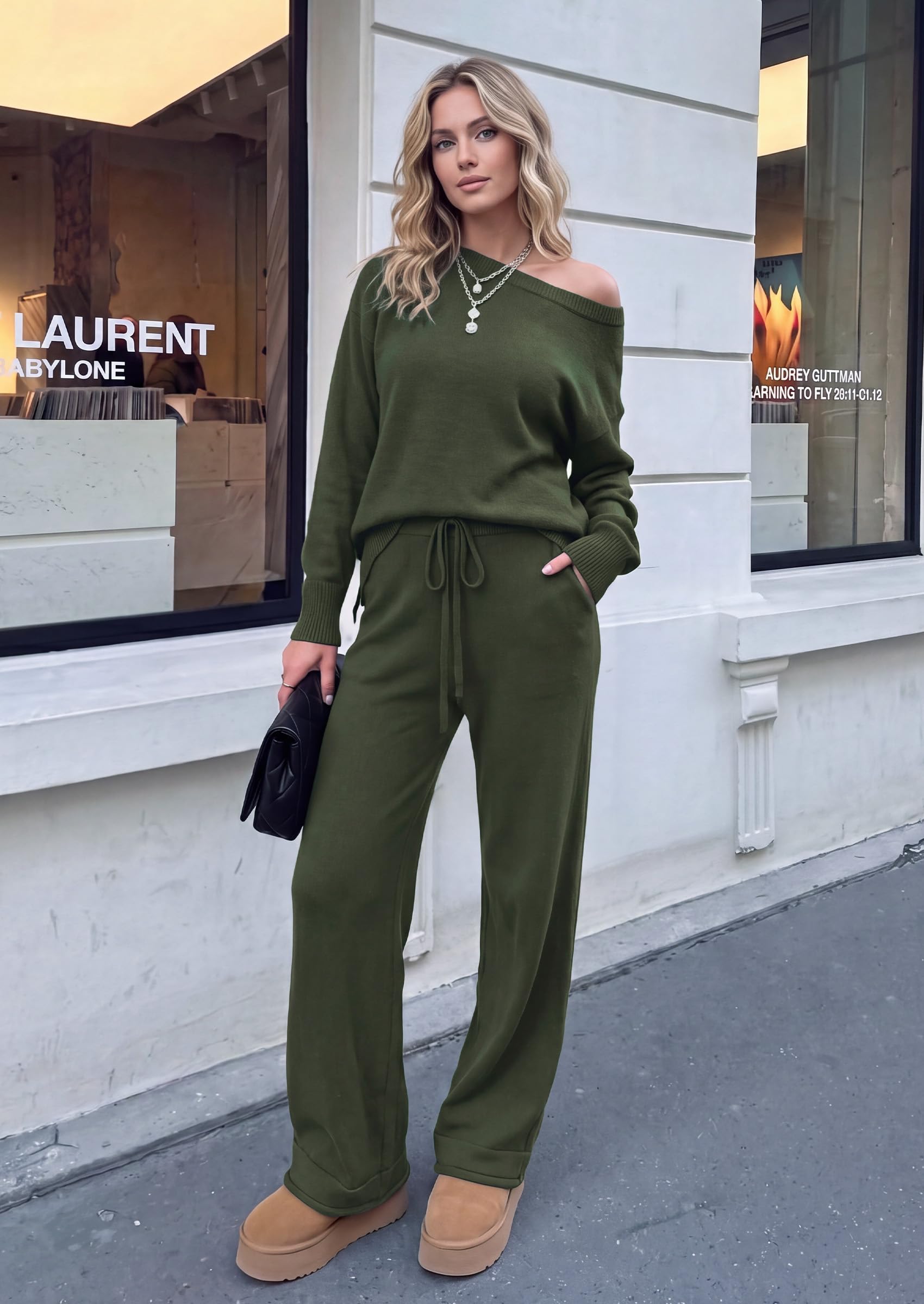 Lounge Sets Womens Sweaters Two Piece Outfits (Army Green,S)