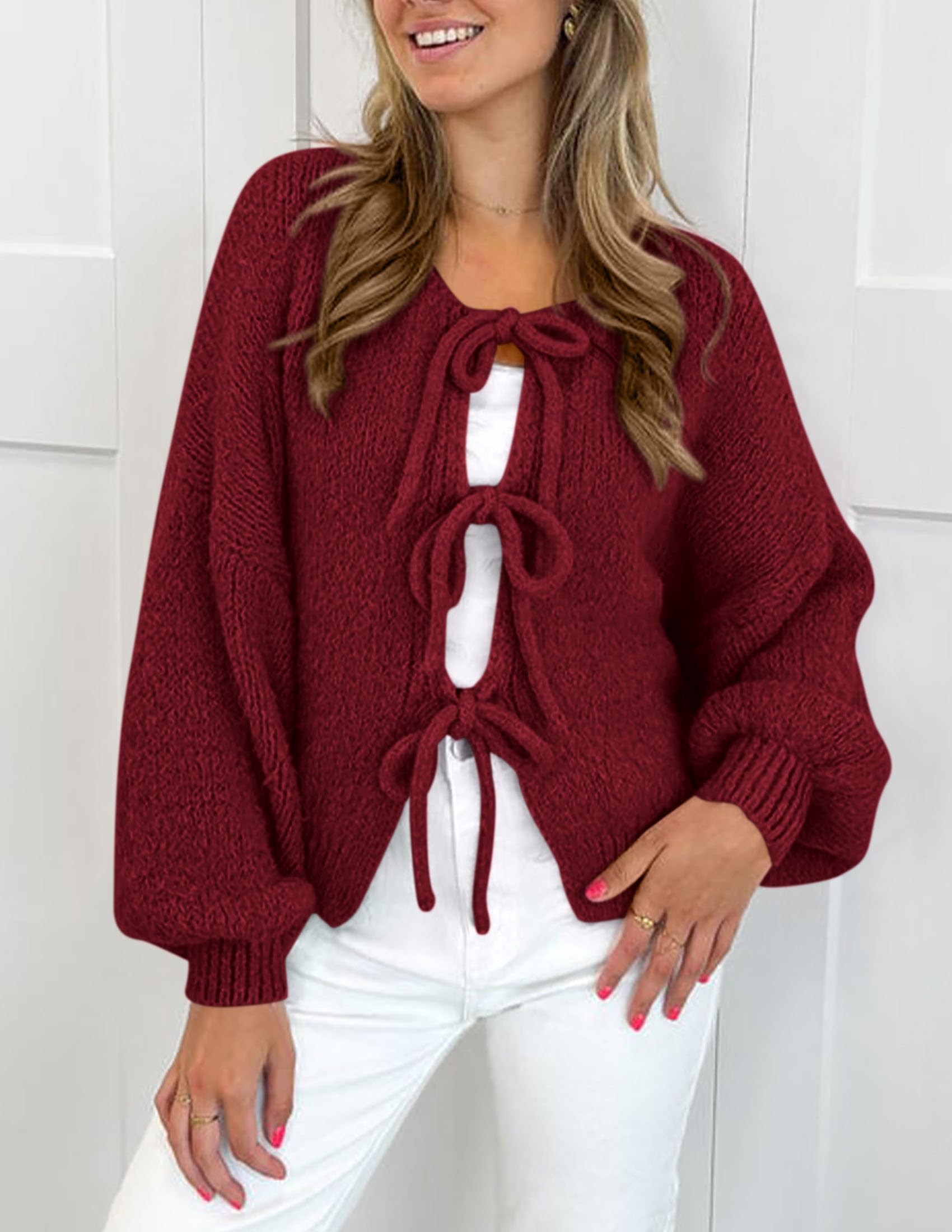 Women's Tie Front Bow Cardigan Sweaters(Wine Red,Small)