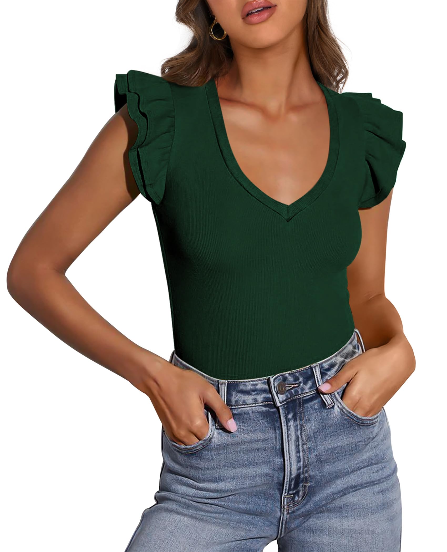 Womens Sleeveless Slim Fit T Shirts,Dark Green,S