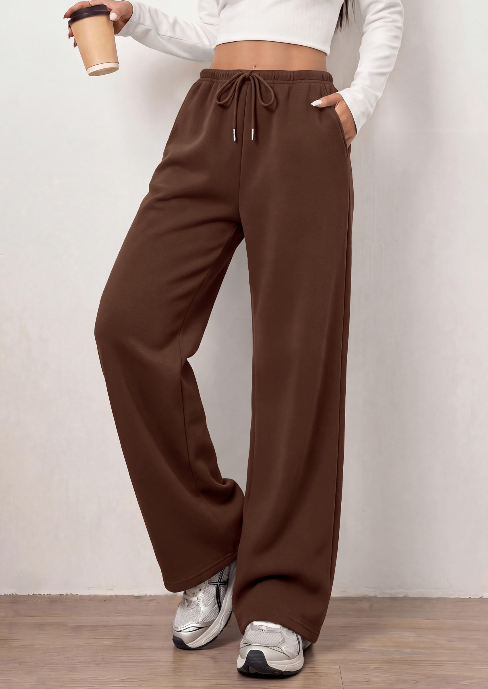 Womens Wide Leg Sweatpants Fleece Fall Sweat Pants,Brown