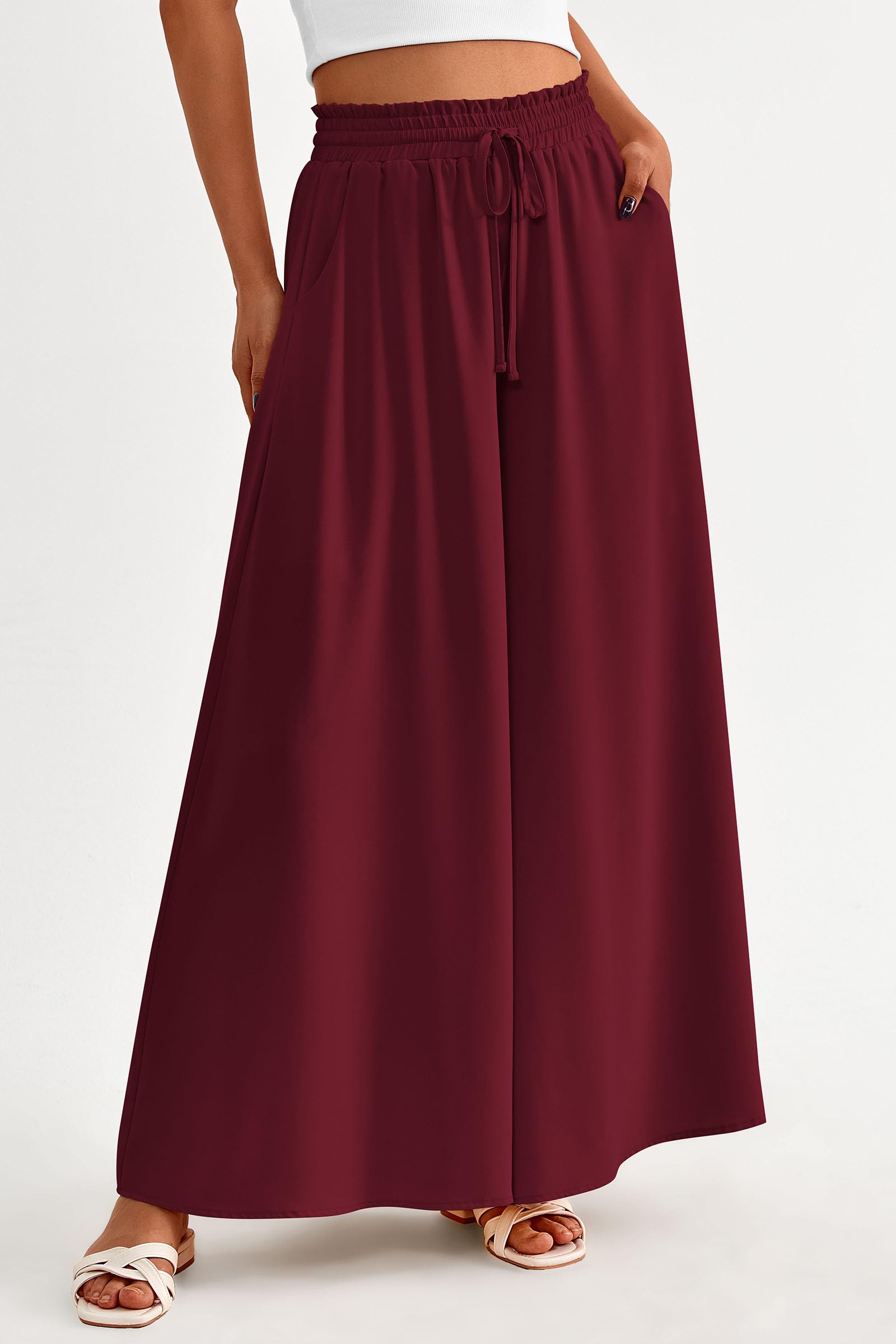 Summer Wide Leg Palazzo Pants for Women Casual,Wine Red,S
