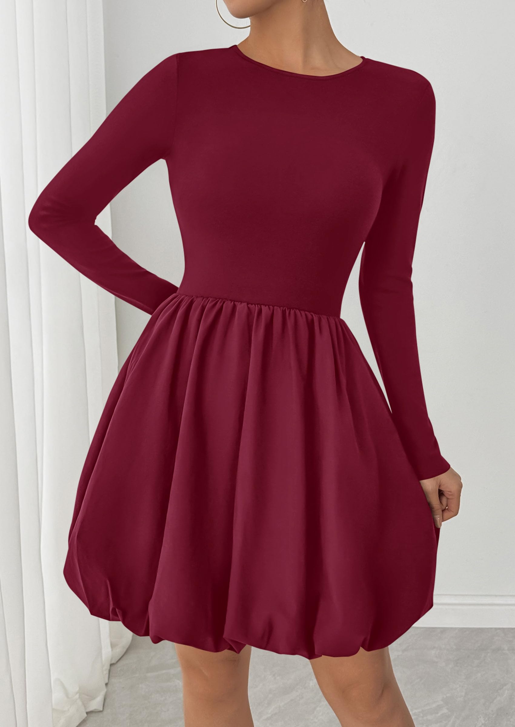 Fall Dresses for Women 2026 Bubble Mini Dress,Wine Red,S