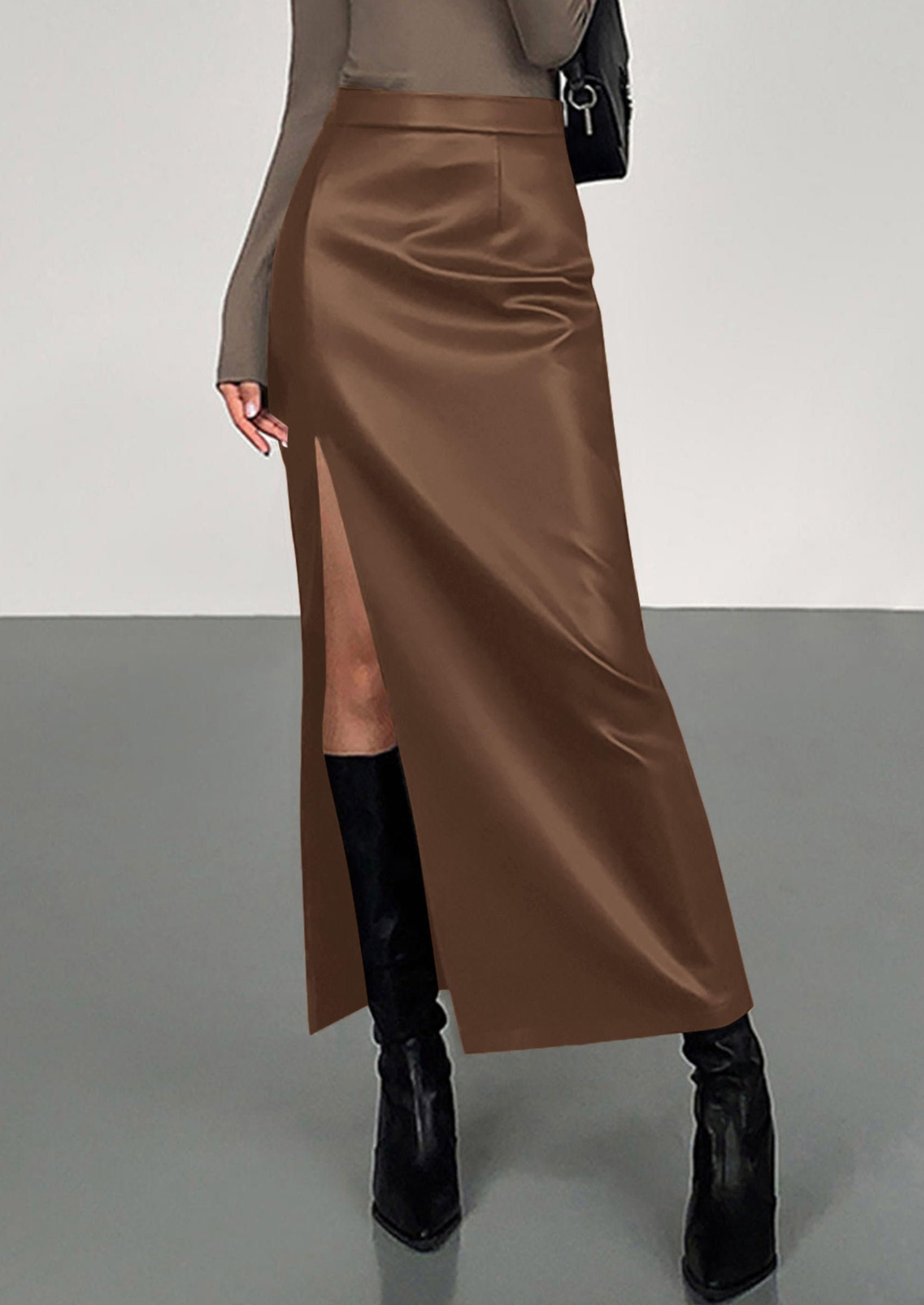 Women's Faux Leather Long Pencil Skirt,Grey Brown,XS