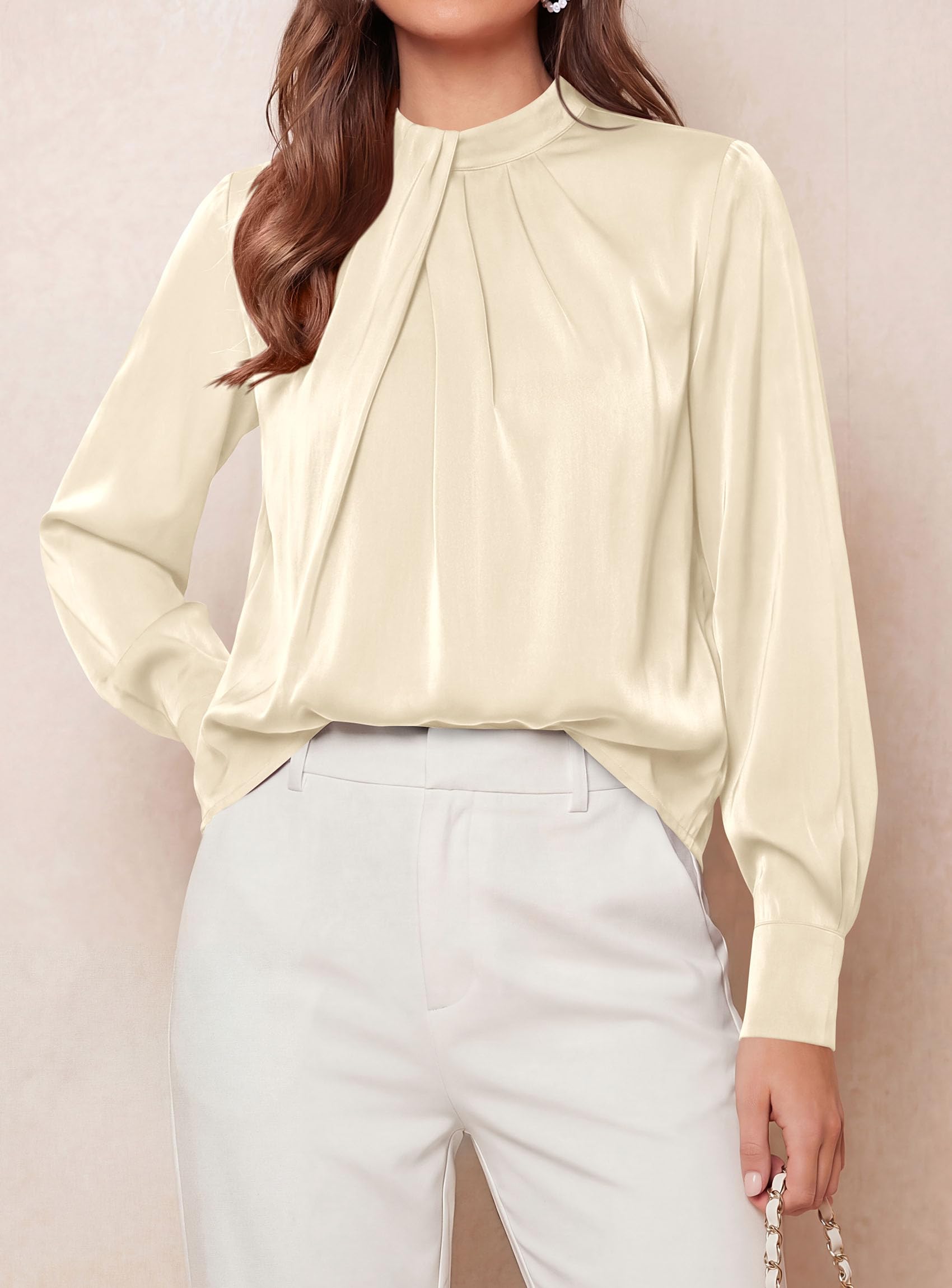 Satin Blouses for Women Dressy Casual Long Sleeve Shirts Beige