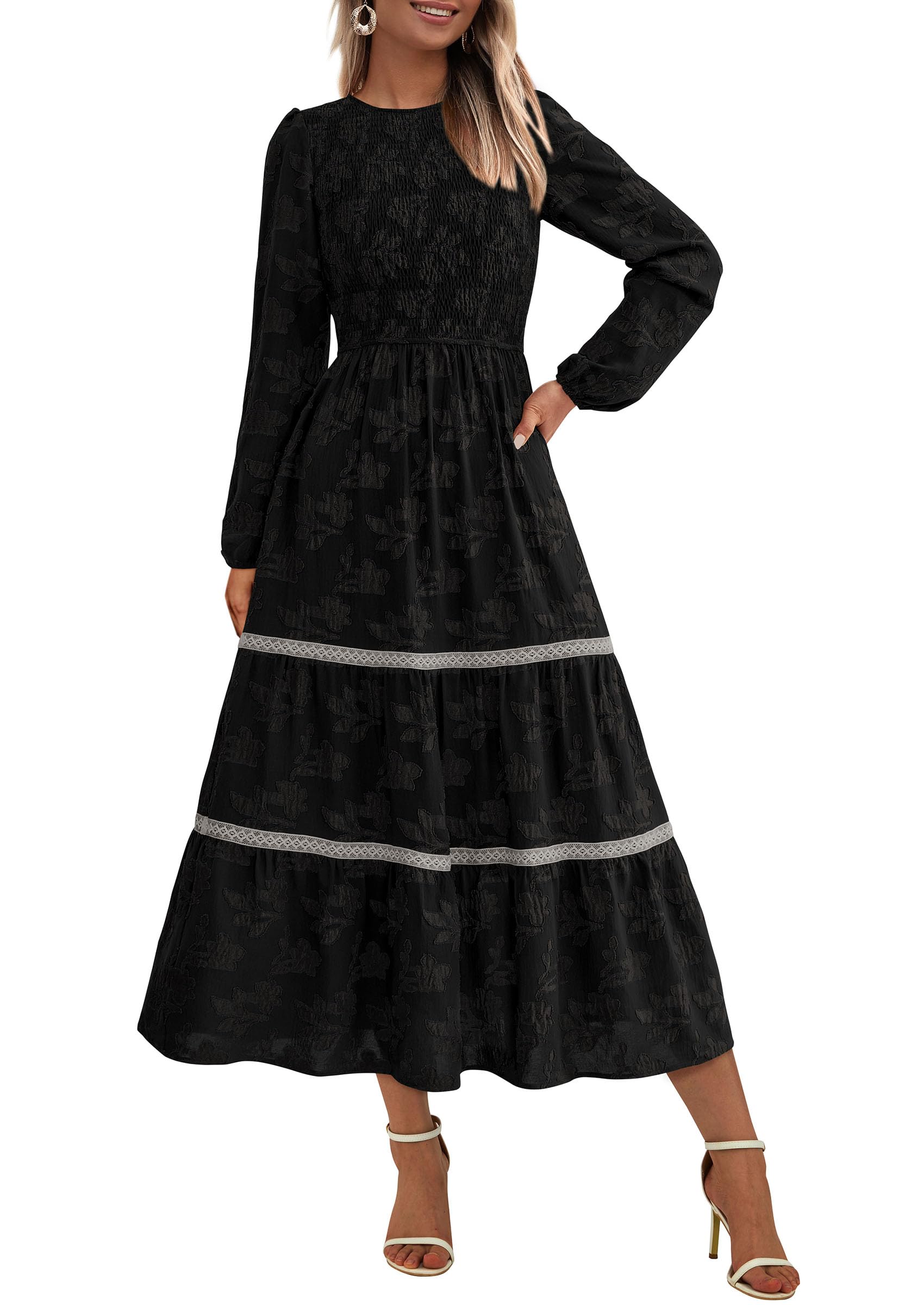Women's Long Sleeve Boho Floral Midi Dress, Black,S