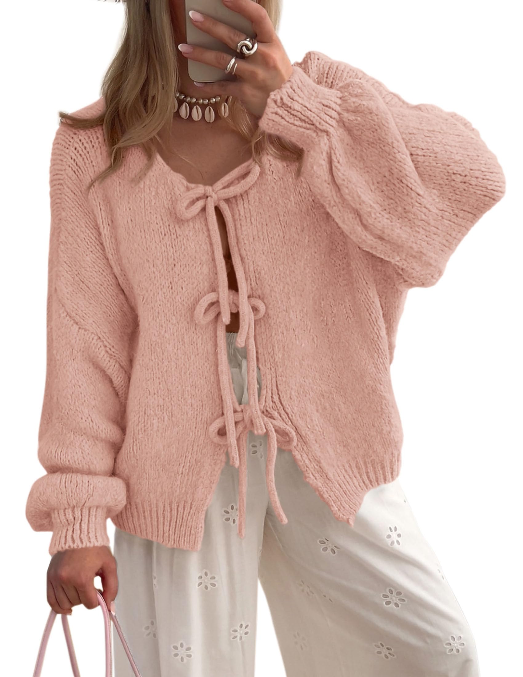 Women's Tie Front Bow Cardigan Sweaters(Pink,Small)