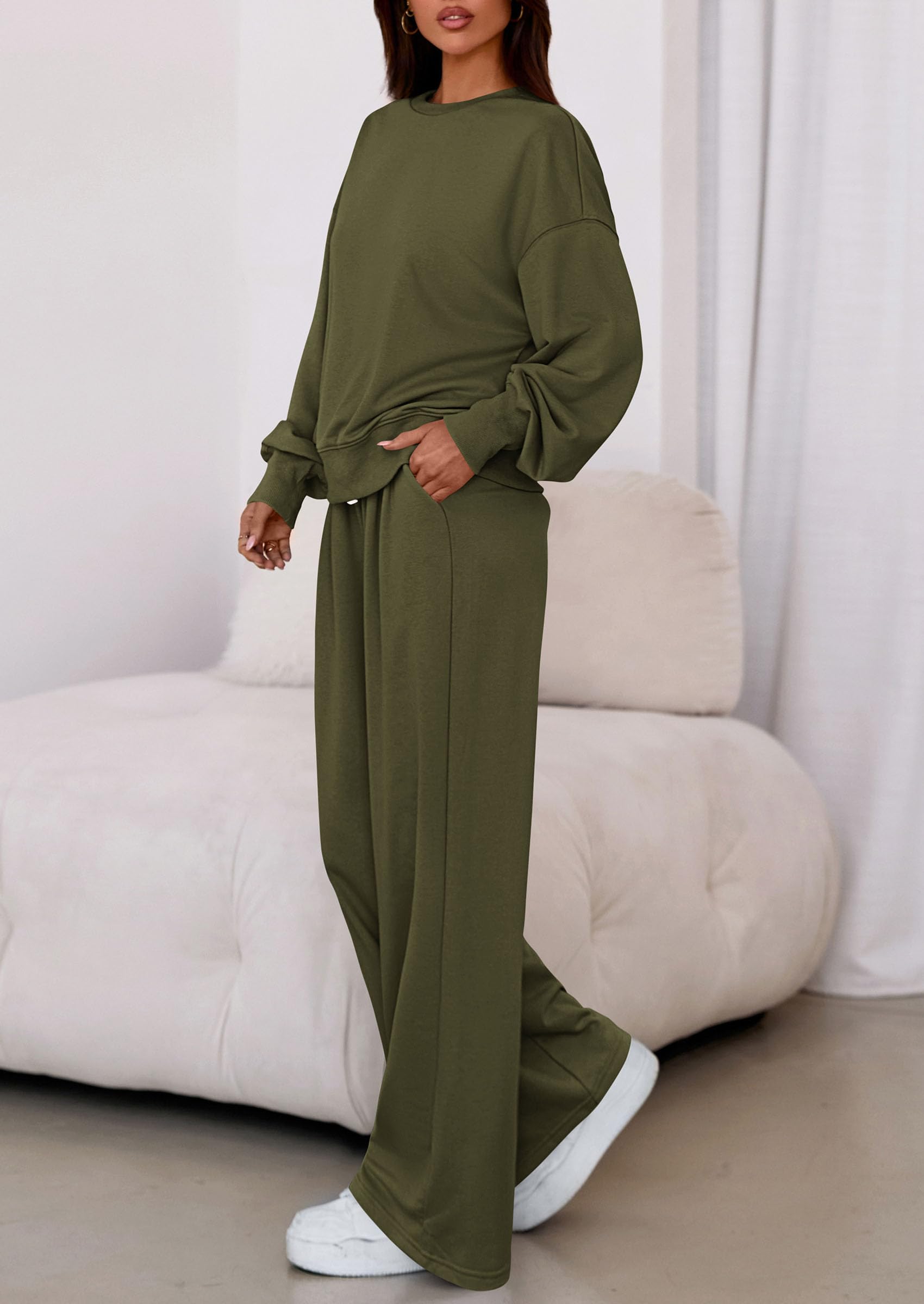 Womens Loose Fit Casual 2 Piece Lounge Set,Army Green,M